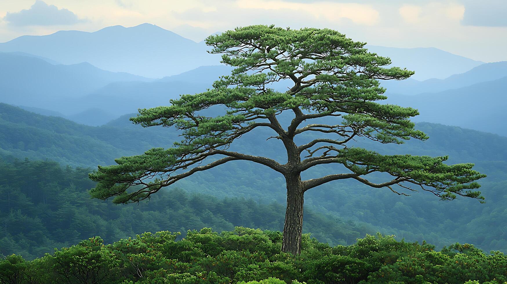 Majestic solitary pine tree stands tall against a backdrop of misty blue mountains and lush green forests. photo