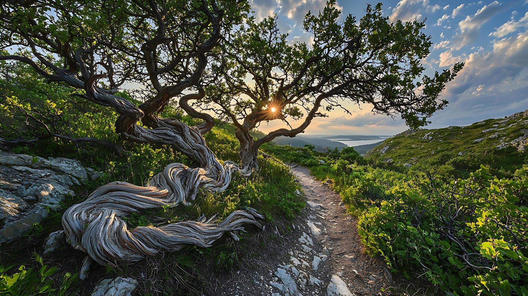 Twisted ancient tree branches frame a sunlit mountain path overlooking a serene vista. The golden hour light illuminates the rugged landscape, creating a sense of timeless beauty and adventure. photo