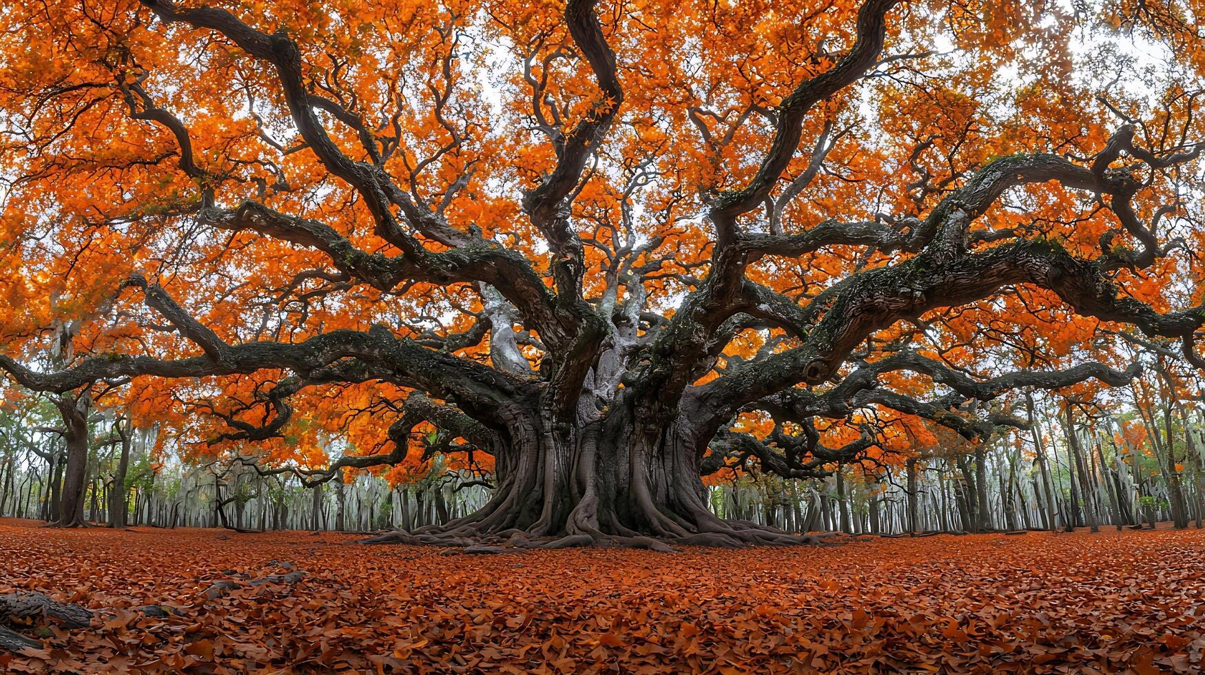 A majestic ancient oak tree adorned with vibrant autumn foliage. Its sprawling branches create a breathtaking canopy over a carpet of fallen leaves. photo