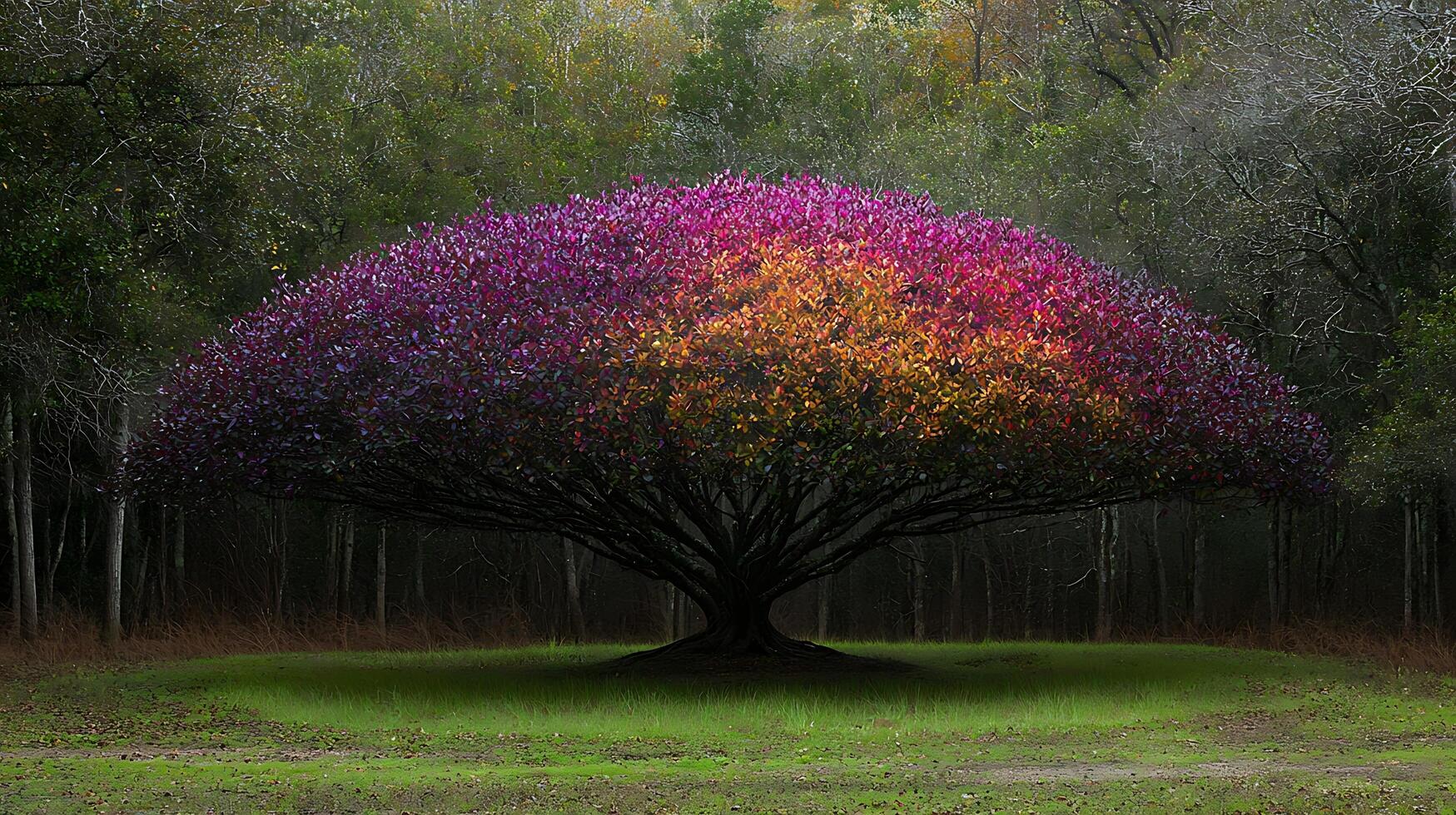 An unusually colored tree stands majestically in a dimly lit forest. The tree's canopy displays a gradient of vibrant purple to warm orange hues, illuminated by an unseen light source. photo