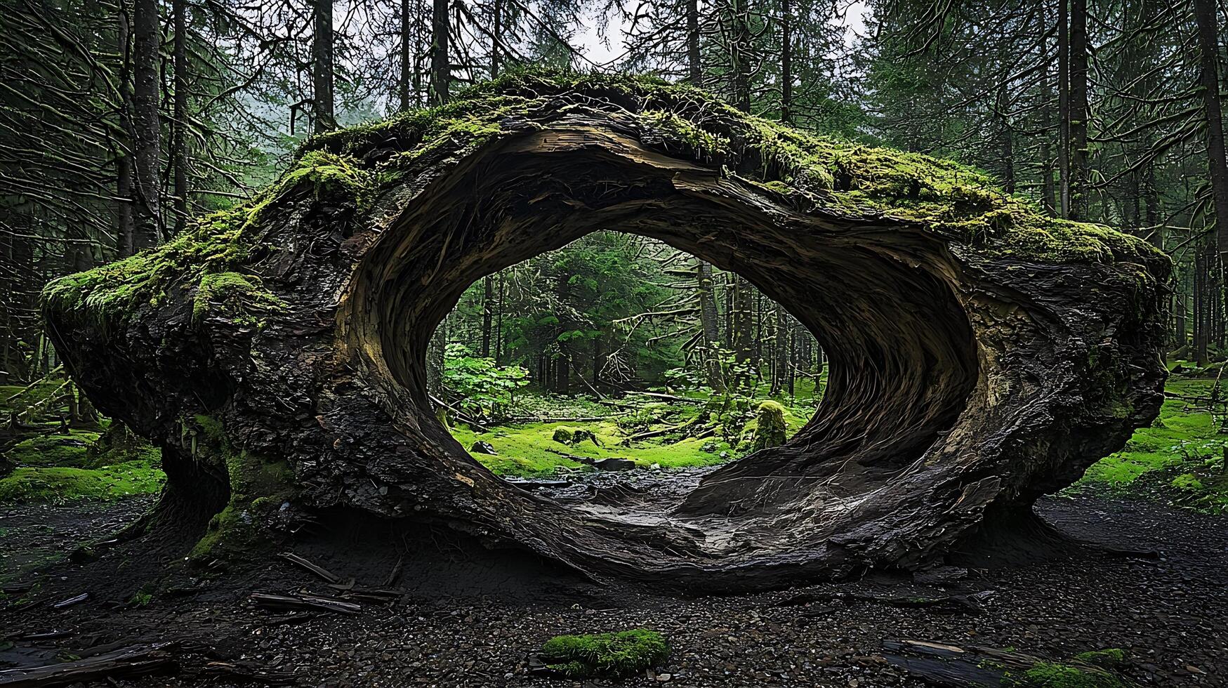 Ancient forest provides a natural archway through moss covered fallen tree. photo