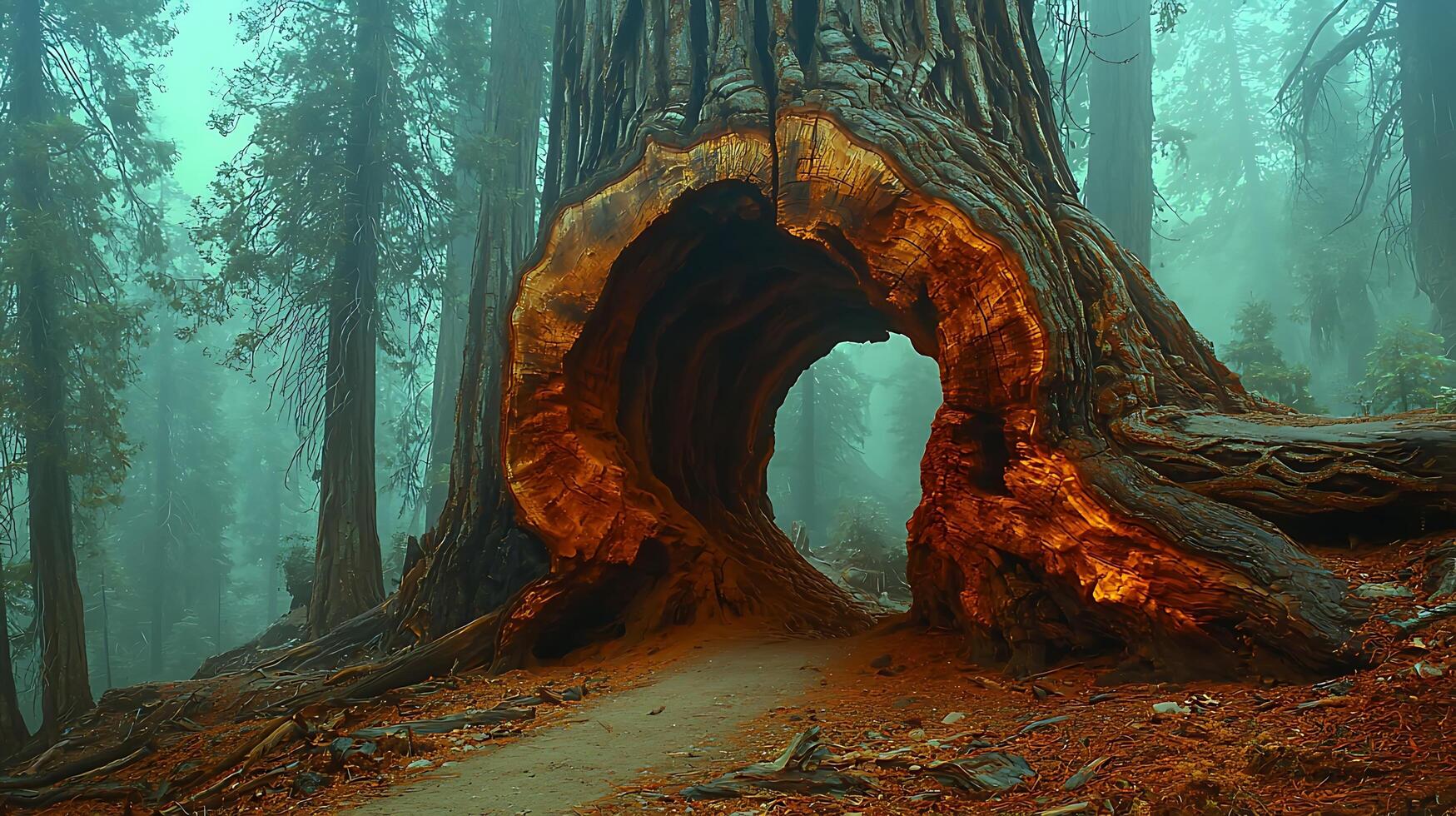 Ancient Sequoia Tree's Glowing Hollow Offers Mystical Forest Passage. photo