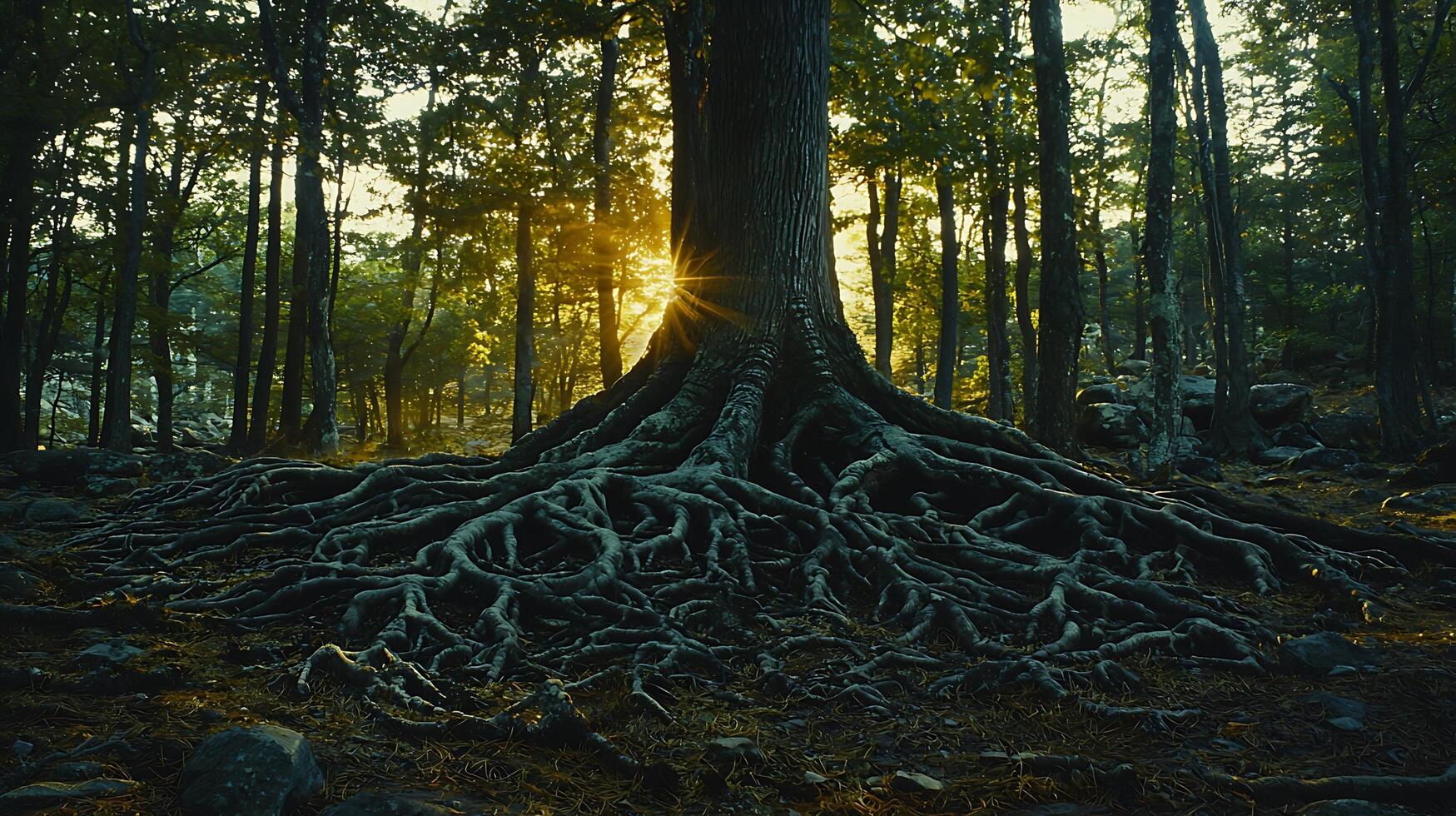 Ancient Tree Roots Emerge with Golden Sunbeams Filtering Through Forest Canopy. photo