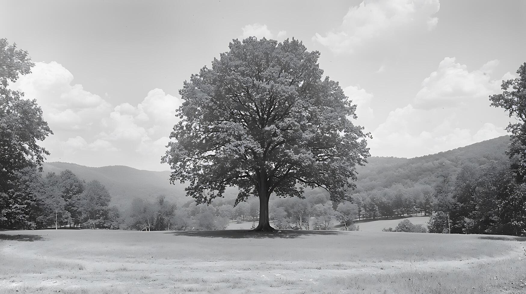 Majestic Tree Stands Alone in a Serene Landscape. This striking monochromatic image captures the grandeur of nature with a solitary tree as the focal point, set against rolling hills and a cloudy sky. photo