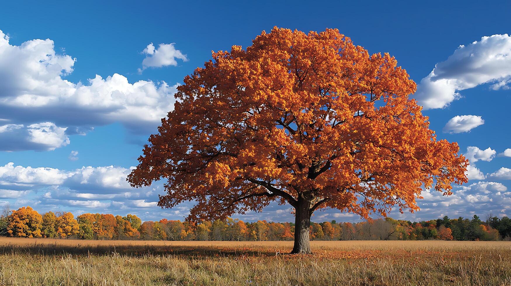 A Majestic Oak Tree Displays Fiery Autumn Colors Under a Blue Sky. photo