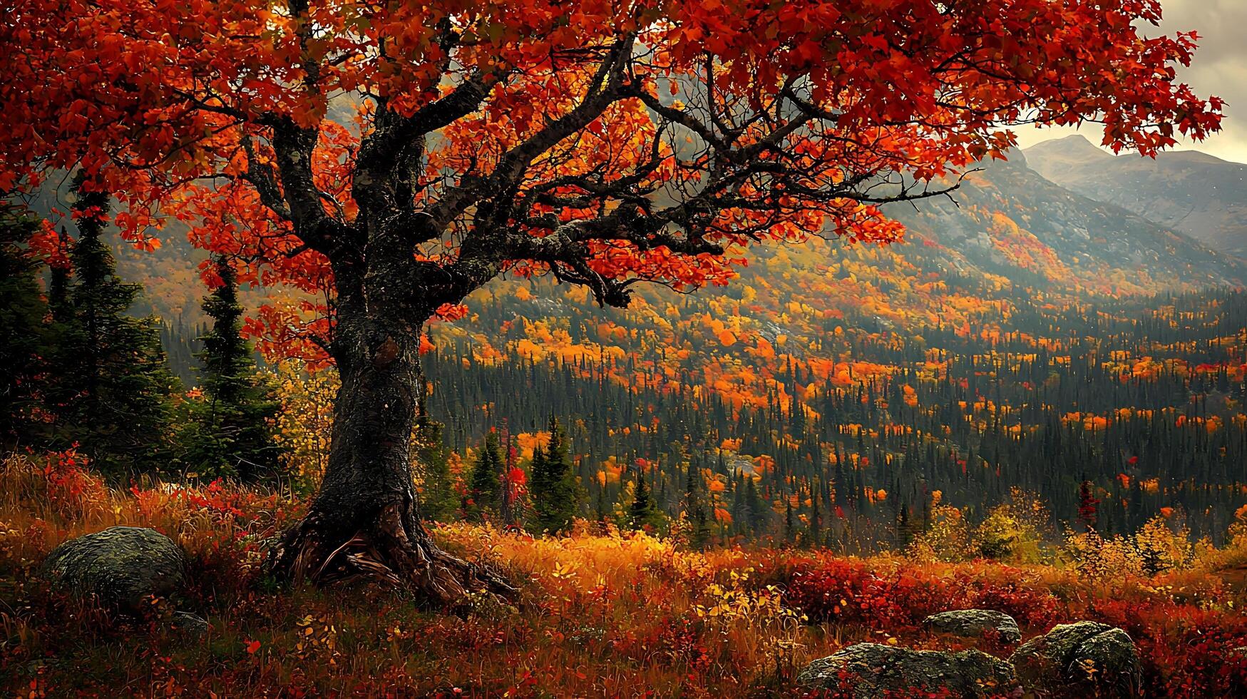 Majestic Autumn Tree Overlooking a Fiery Mountain Landscape. Experience the vibrant colors of fall in this breathtaking mountain vista, featuring an ancient tree bathed in golden light. photo