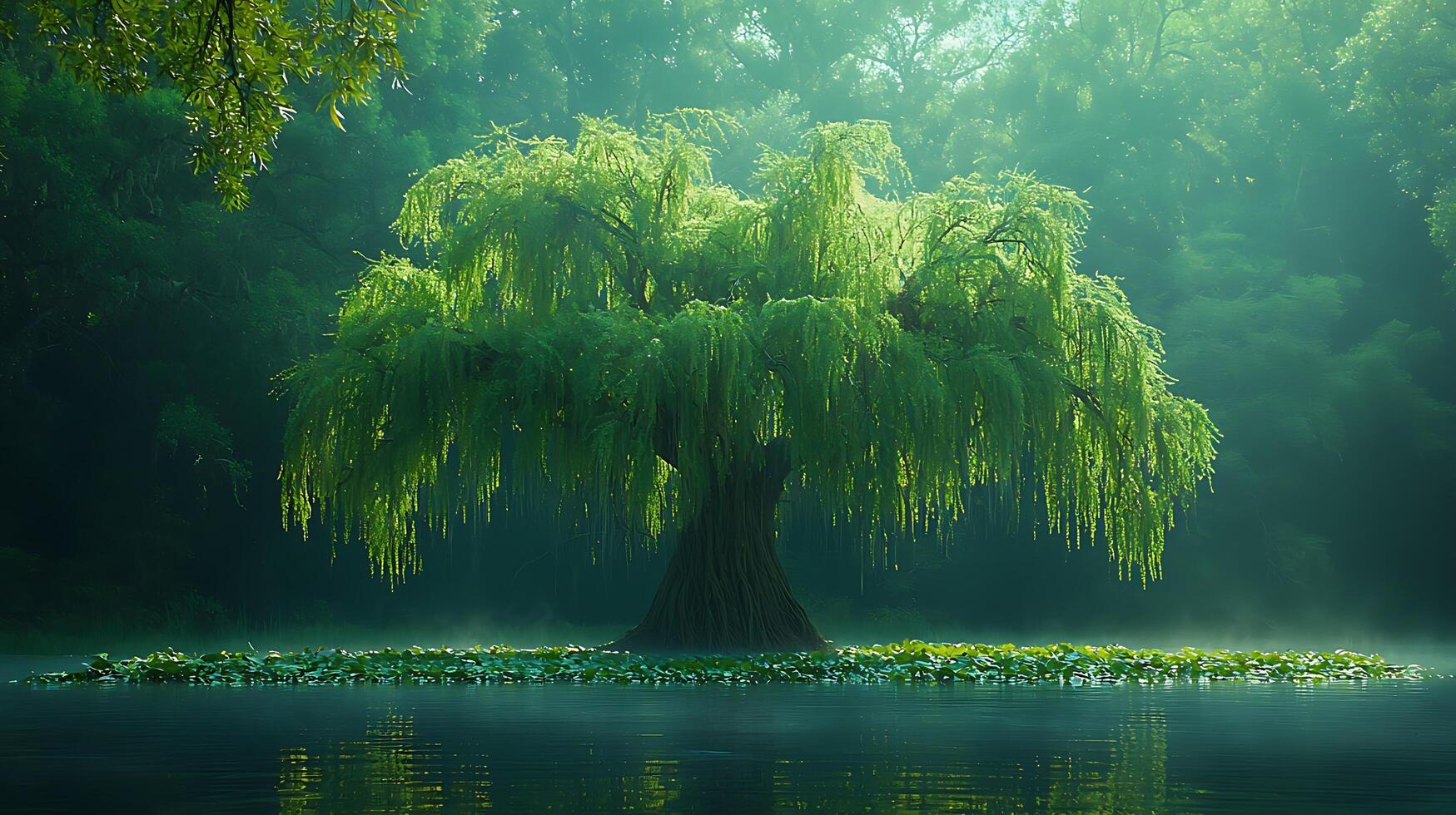 Serene weeping willow tree gracefully draped over a misty lake. photo