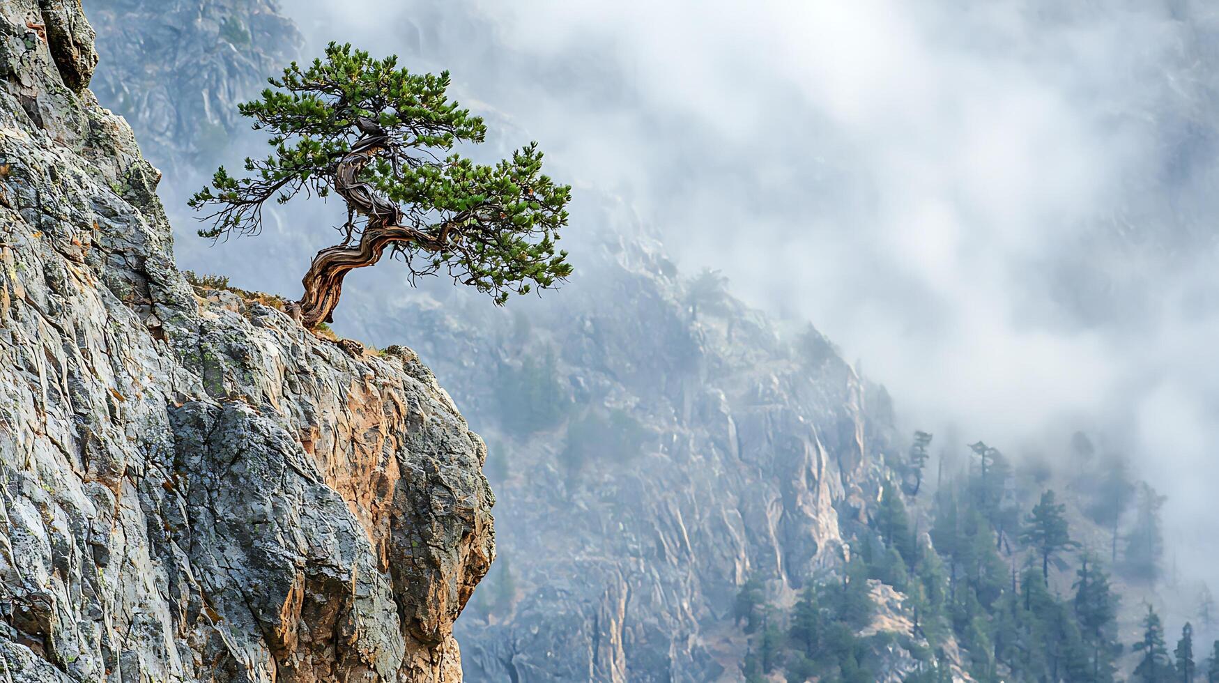 Ancient pine tree clings to a rugged cliff face amidst swirling mist and towering mountains. This resilient tree symbolizes perseverance and strength against a dramatic natural backdrop. photo
