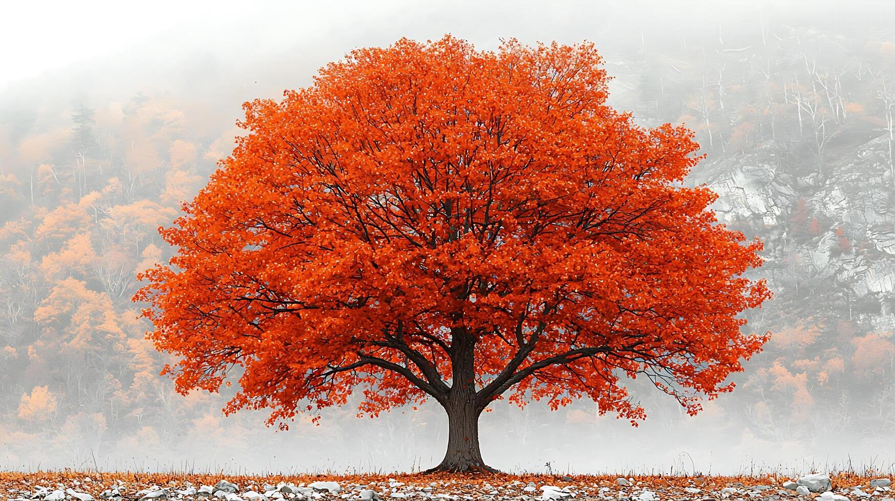 A solitary tree displays vibrant orange foliage against a misty, ethereal landscape. Its rich color creates a striking focal point, symbolizing nature's beauty during the autumn season. photo
