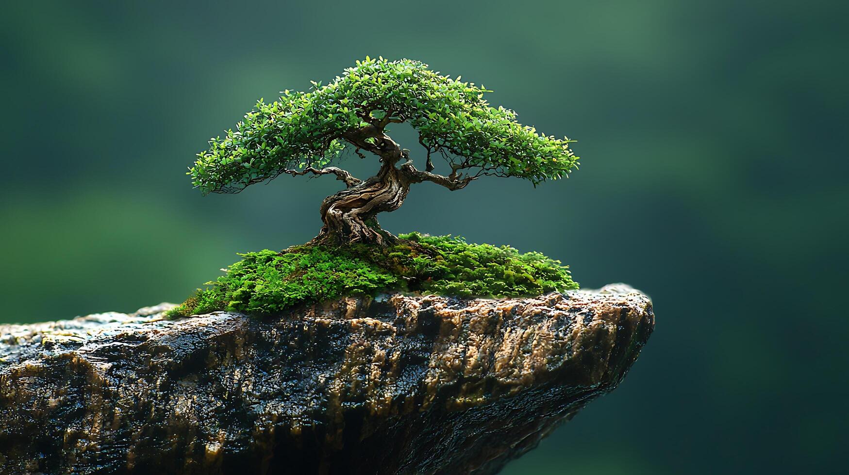 A miniature, ancient bonsai tree perched on a mossy rock outcrop, showcasing intricate detail and organic beauty. This image captures the essence of natural artistry and enduring life. photo