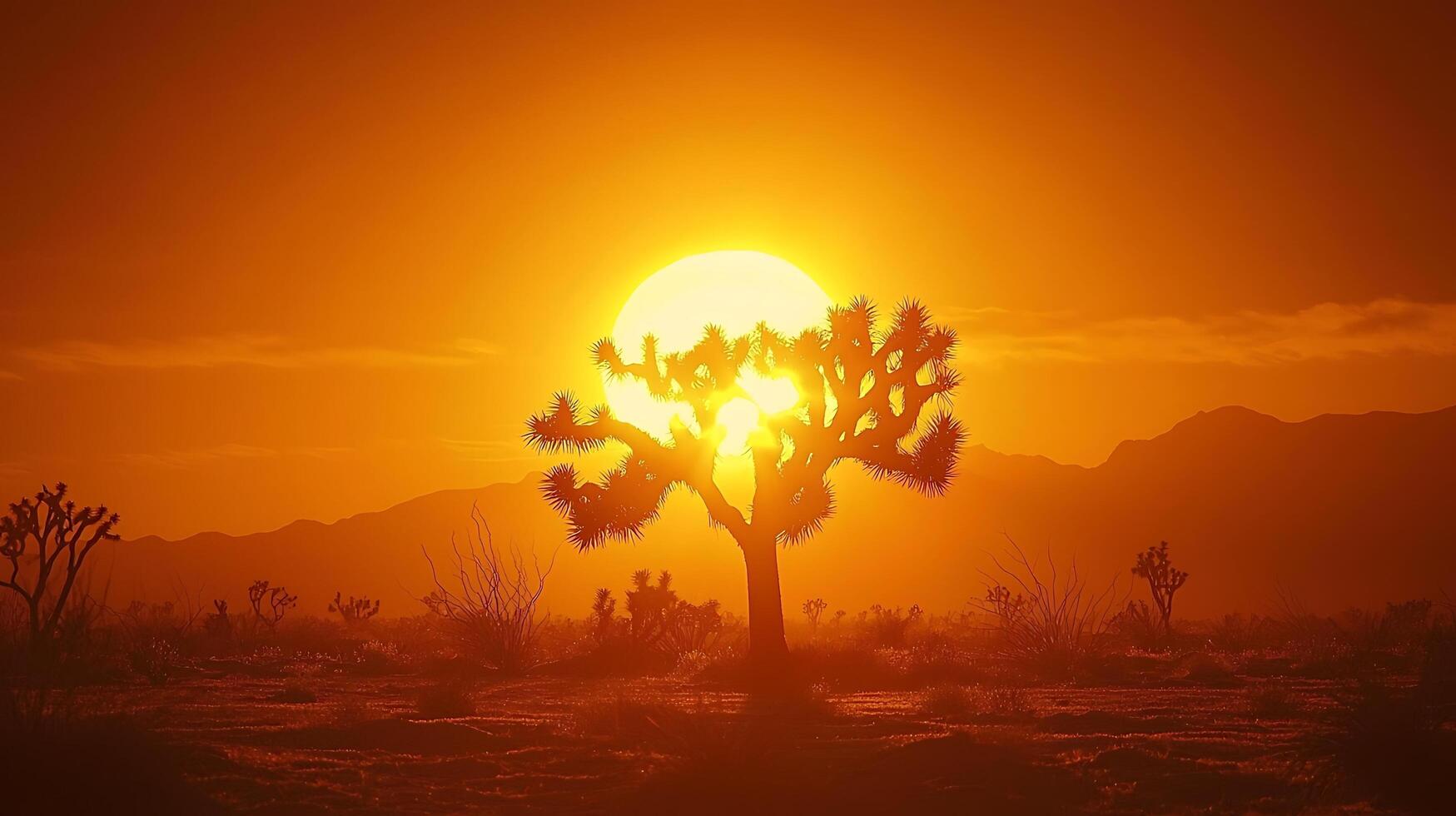 Majestic Joshua Tree silhouetted against a dramatic desert sunset with mountains in the background. Experience the vibrant orange glow of the sun illuminating the arid landscape. photo