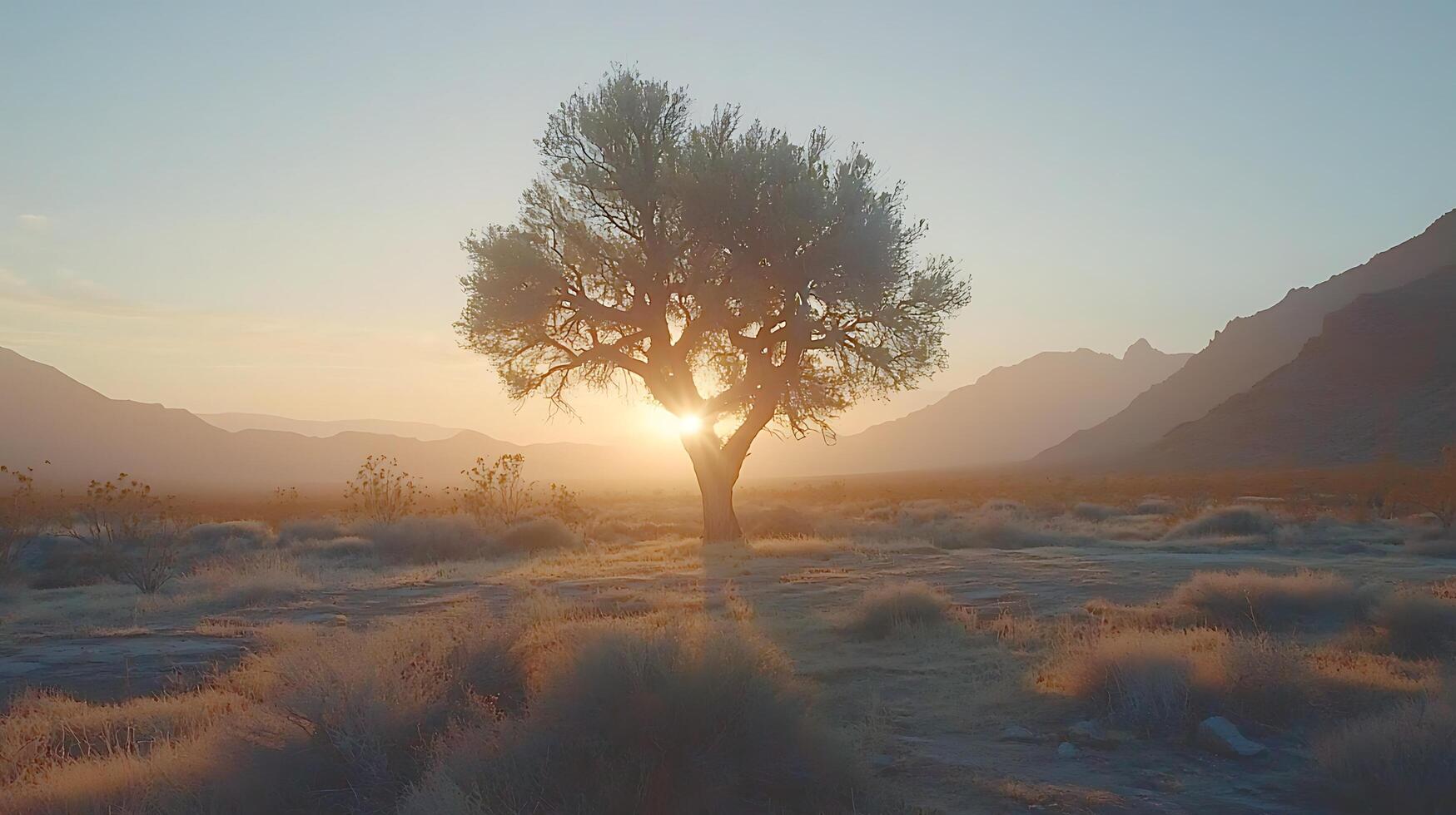 Solitary desert tree bathed in warm sunrise glow with distant mountains. photo