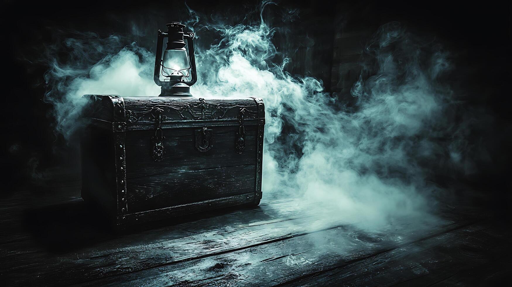 An antique wooden chest sits on weathered planks, illuminated by the eerie glow of a vintage oil lantern shrouded in swirling fog. photo