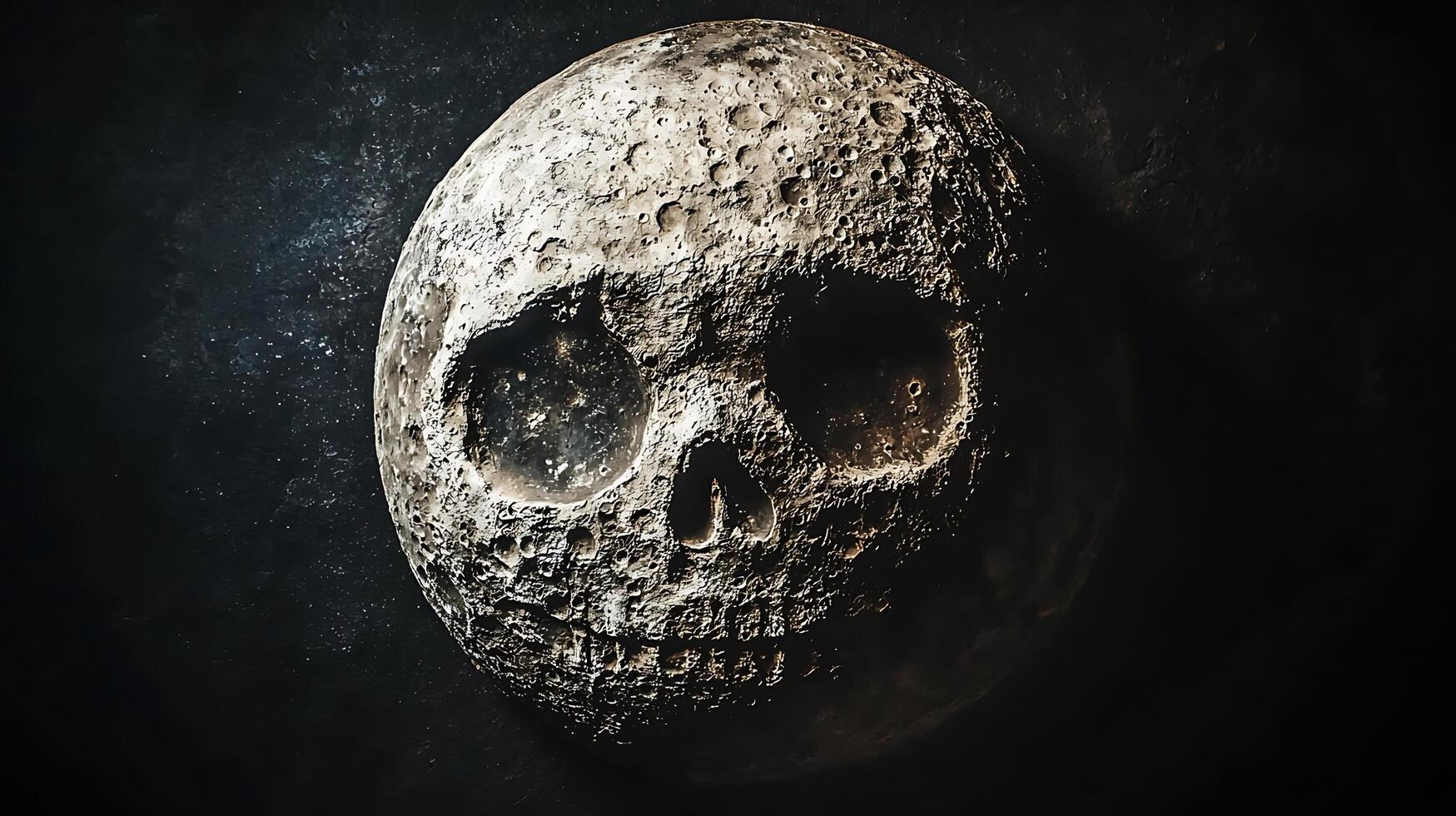Eerie Moon Skull with Dark, Textured Background. This surreal image depicts a celestial body transformed into a macabre skull, set against a deep, atmospheric void. photo