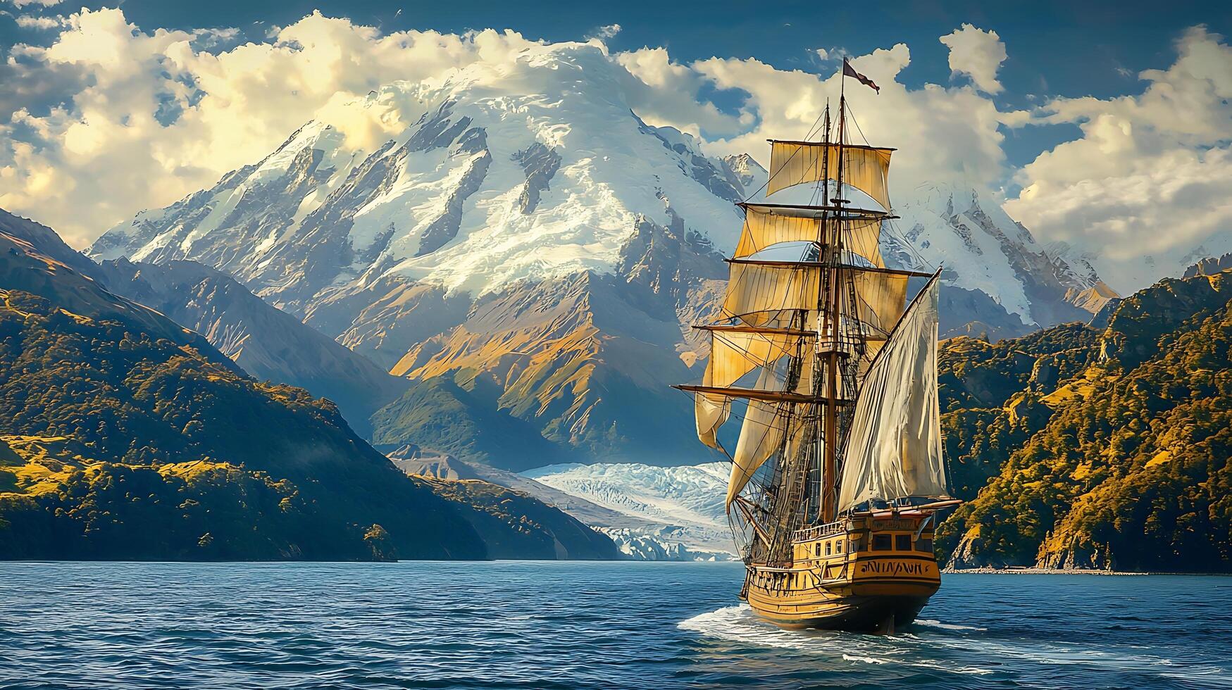 Majestic tall ship sails across tranquil waters towards snow capped mountains. photo