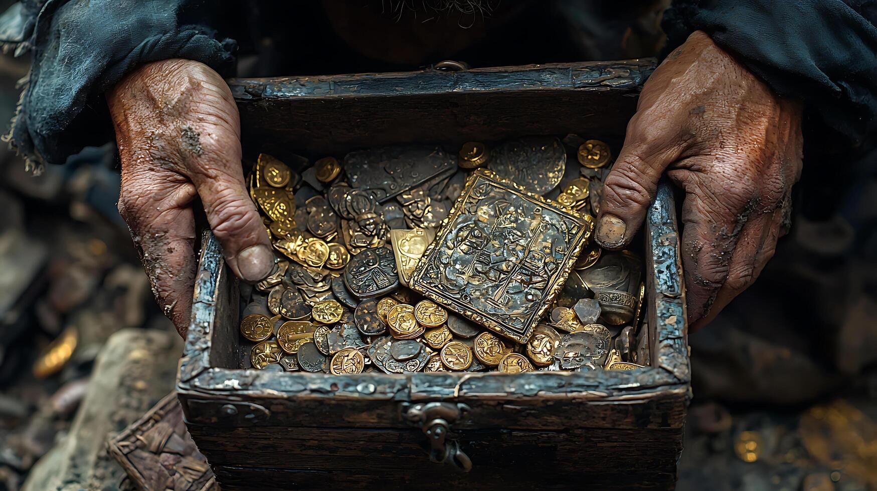Close up of weathered hands holding an ancient treasure chest filled with gold coins and artifacts. photo