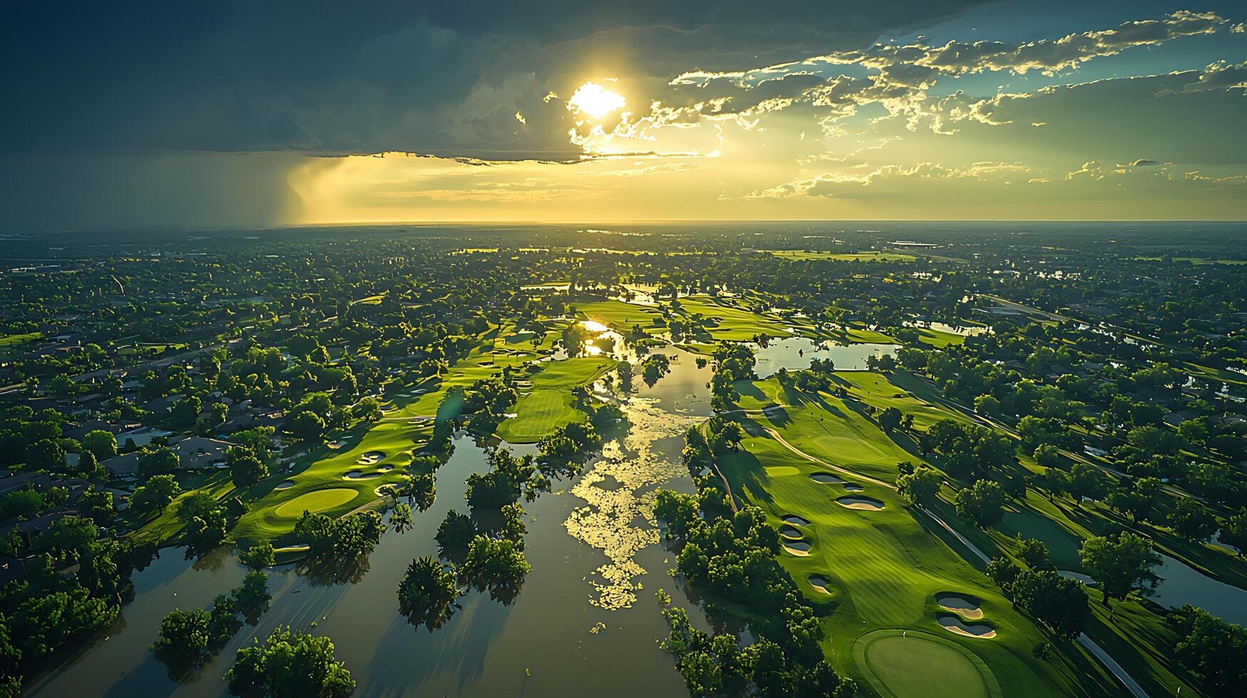 Aerial view of a flooded golf course at sunset with dramatic storm clouds. photo