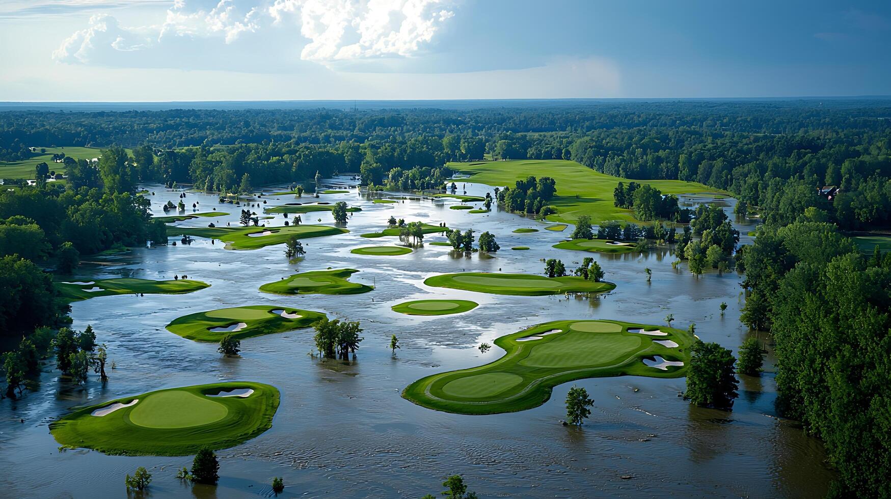 Flooded golf course with fairways submerged under water. photo