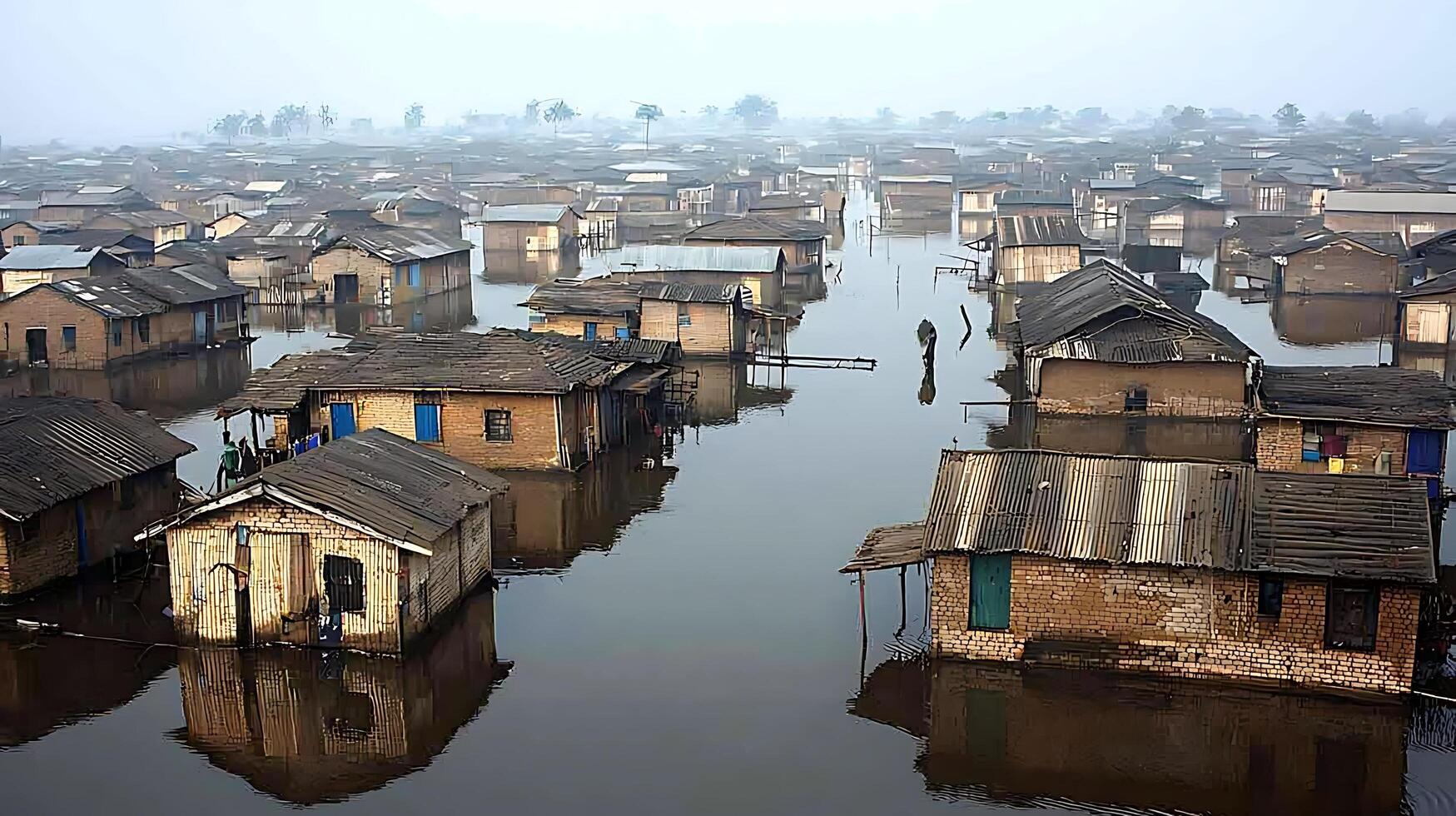 Aerial view of a densely populated settlement with homes built on stilts over water. photo