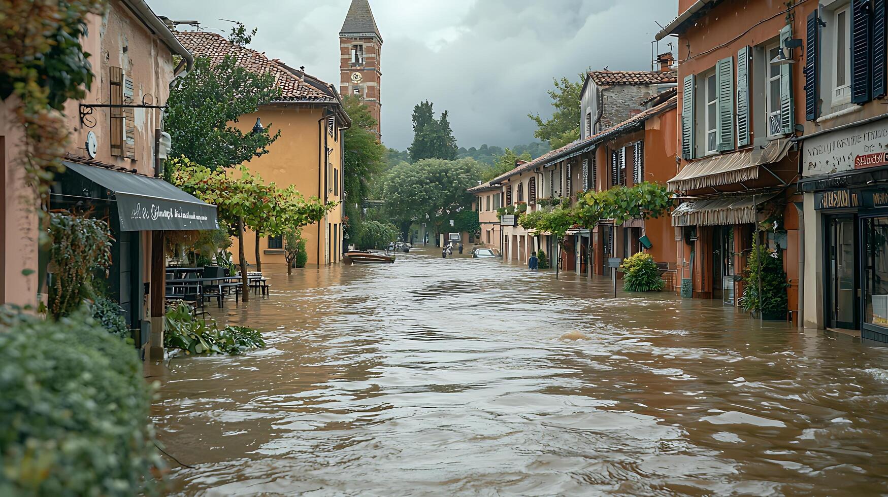 Flooded European Street with Old Buildings and a Clock Tower. This image captures the impact of flooding on a charming town, with water engulfing the street and surrounding architecture. photo