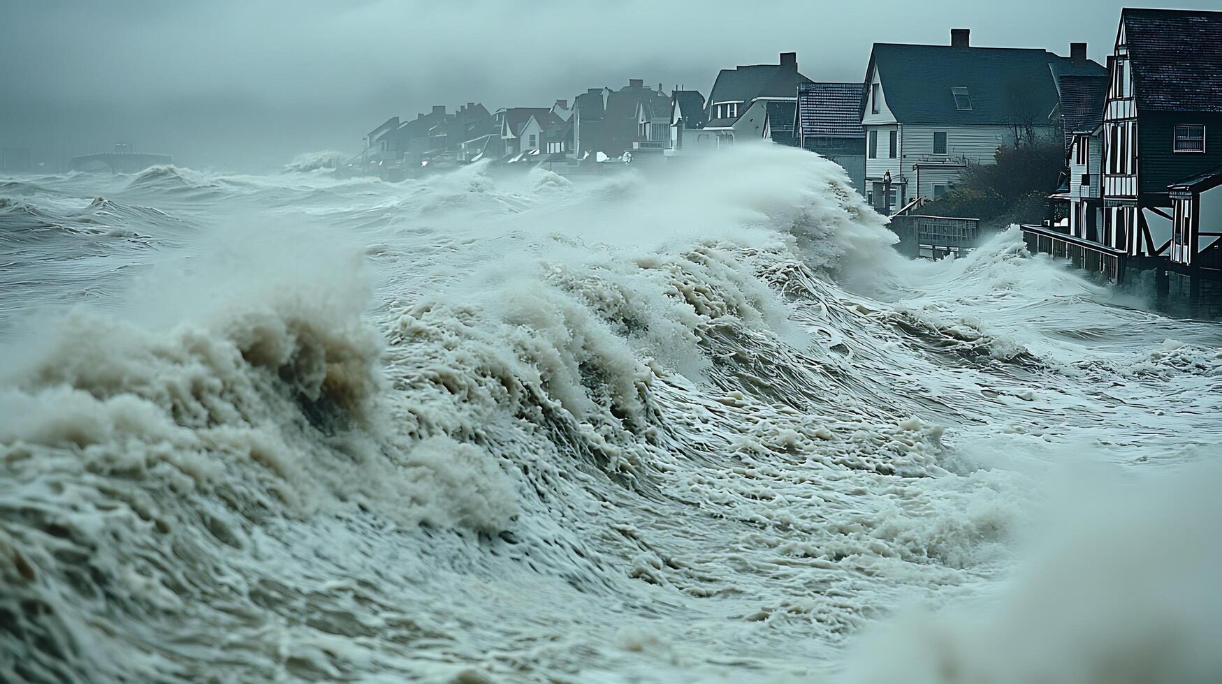 Violent storm waves crash against coastal houses, showcasing nature's power. The turbulent sea engulfs the shoreline, threatening the buildings with its immense force. photo