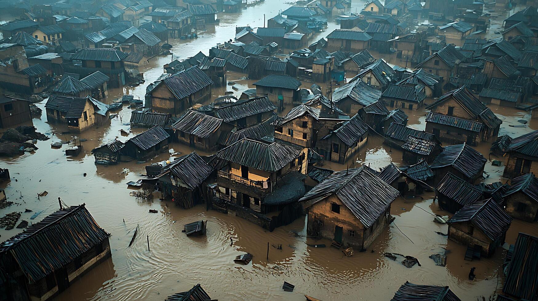 Aerial view of a densely populated settlement submerged in muddy floodwaters. The scene depicts the widespread impact of a natural disaster on a community. photo