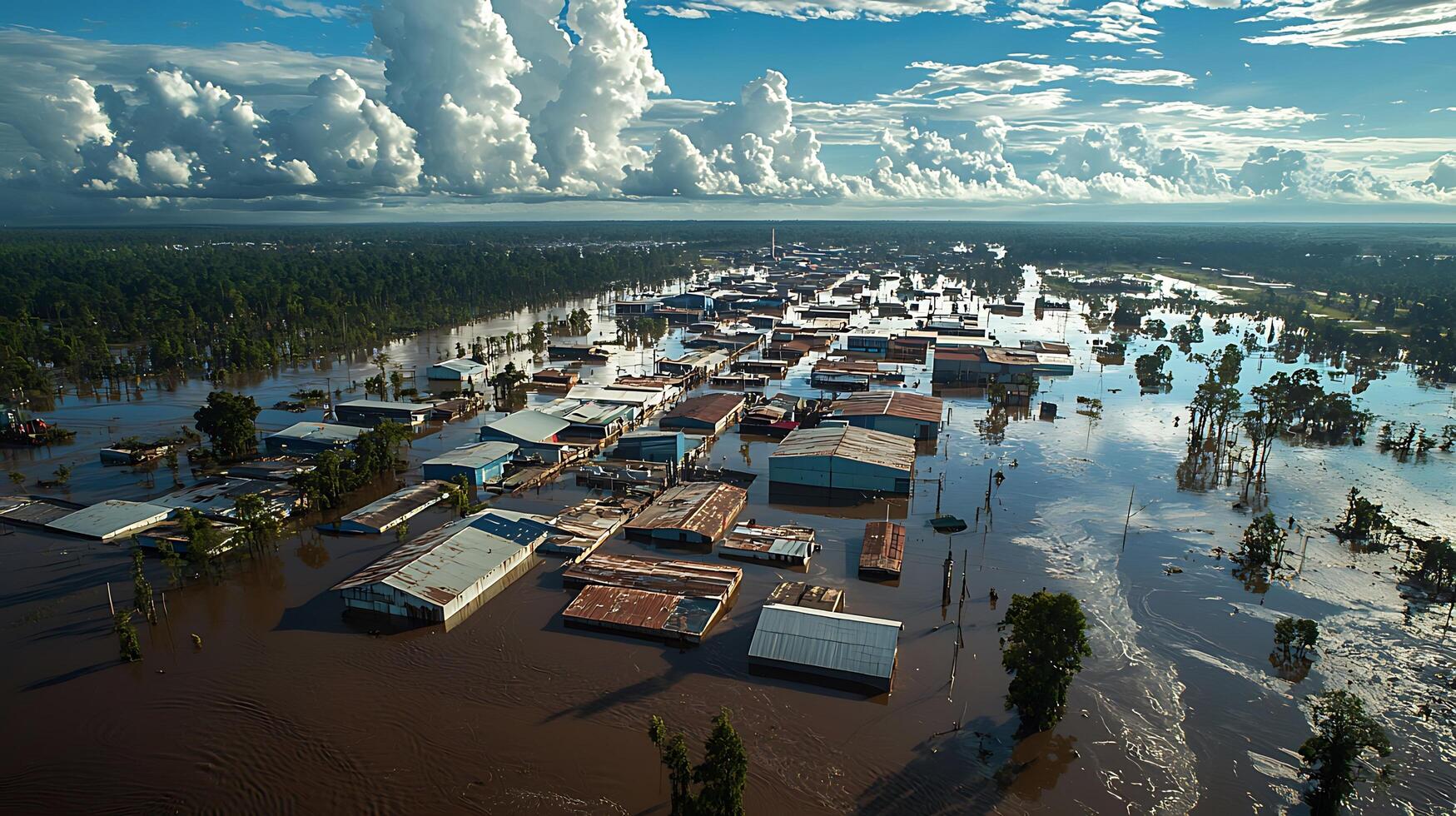 Aerial view of a town submerged by floodwaters under a dramatic sky. This image captures the devastating impact of flooding on a community, with buildings surrounded by murky brown water and debris. photo