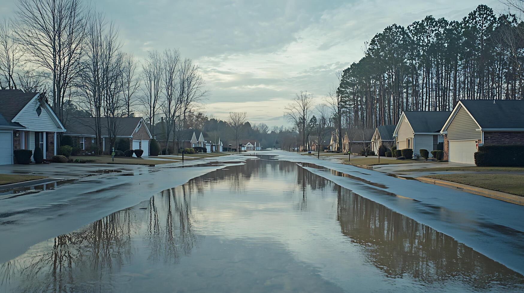 Suburban street flooded with reflections of bare trees and overcast sky. photo
