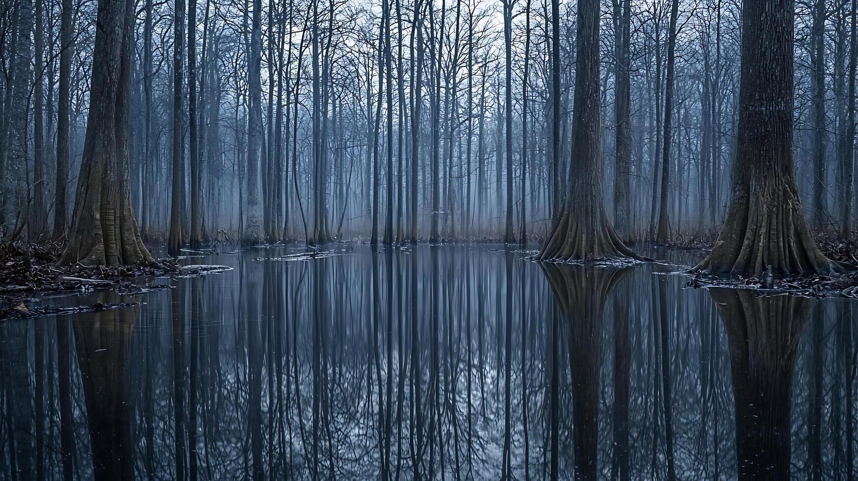 Eerie swamp forest with still water reflecting bare trees under a foggy sky. photo