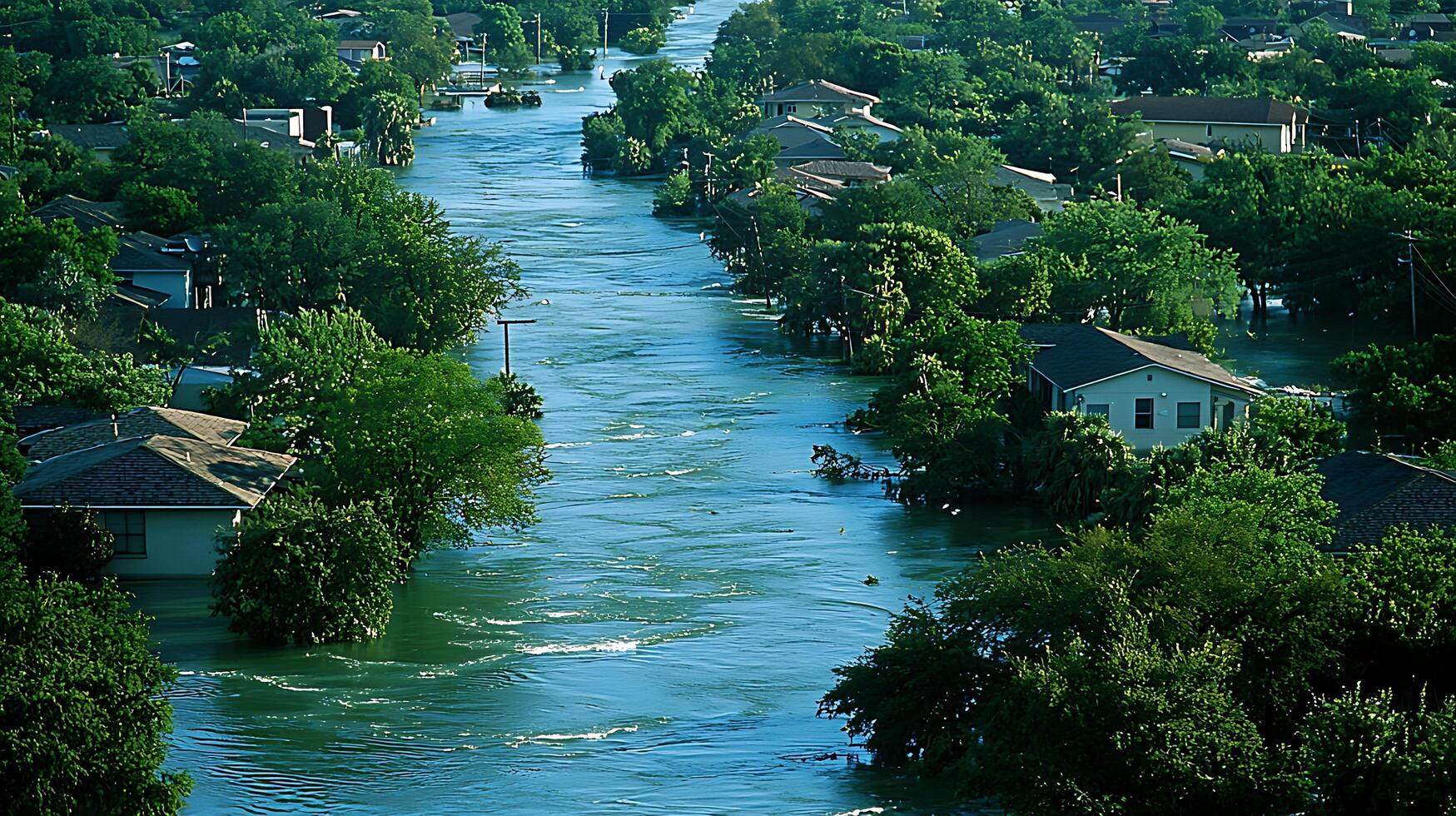 Aerial view of a flooded suburban neighborhood with water covering streets and yards. photo