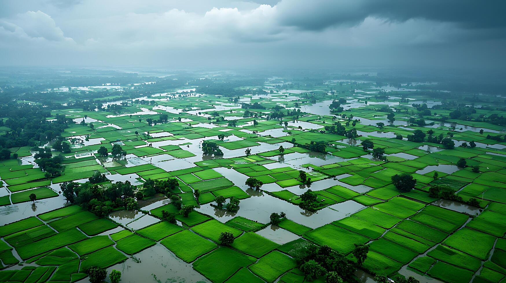 Aerial view of flooded green rice paddies under a cloudy sky. photo