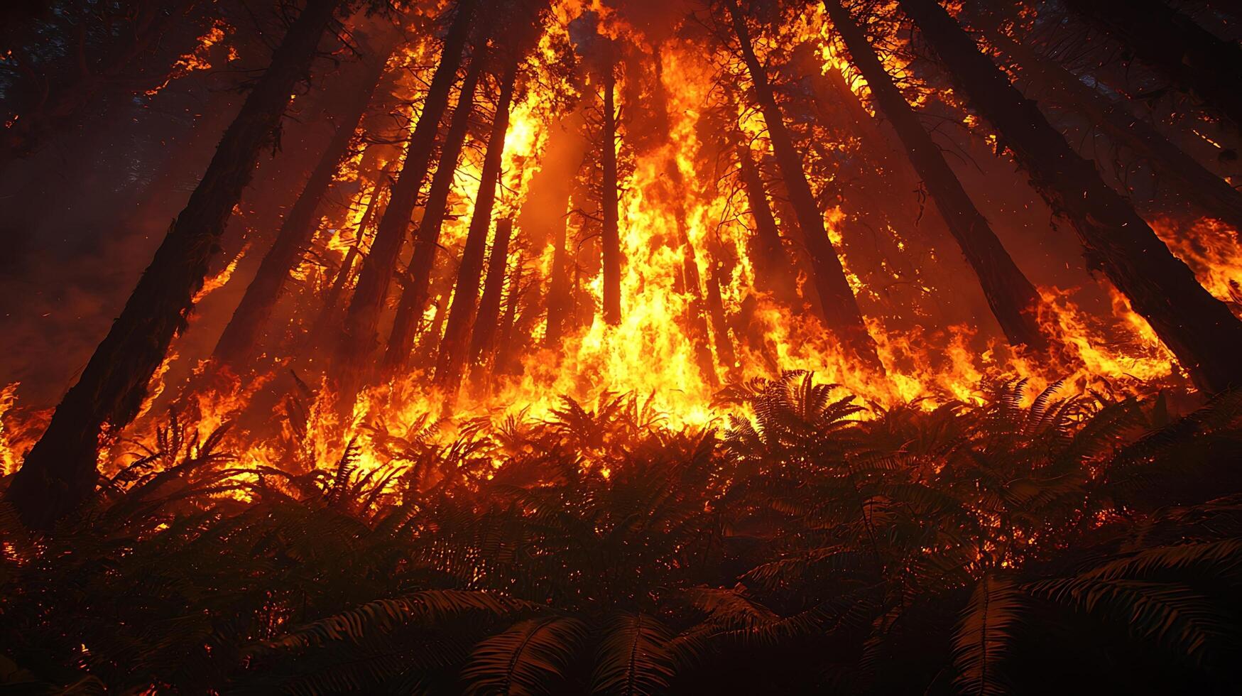 Fiery inferno consuming a lush forest canopy from below. Intense flames engulf the trees and foliage, creating a dramatic and destructive scene. photo