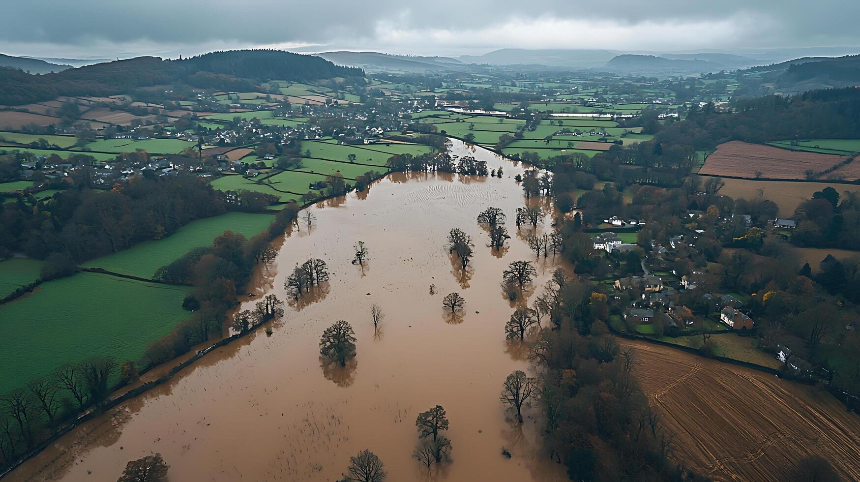 Aerial view of a village partially submerged by floodwaters. This scene captures the devastating impact of extreme weather on a rural landscape. photo
