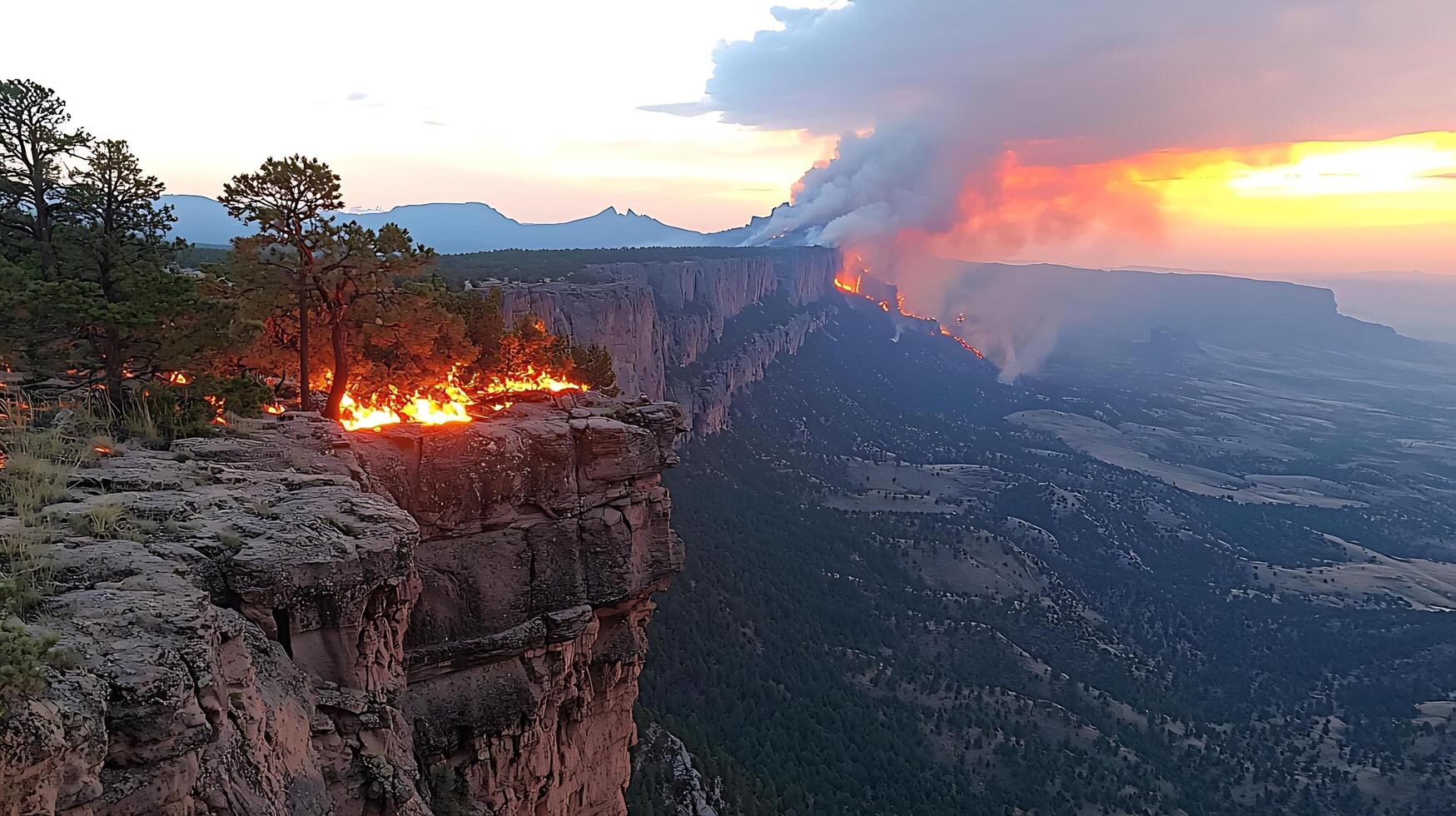 Wildfire rages across a dramatic cliff face at sunset. A massive plume of smoke billows into the sky, illuminated by the intense orange glow of the flames. photo