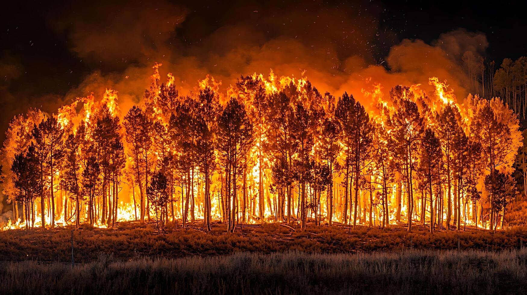 Forest engulfed in a raging inferno under the night sky. A landscape consumed by uncontrollable flames and smoke. photo