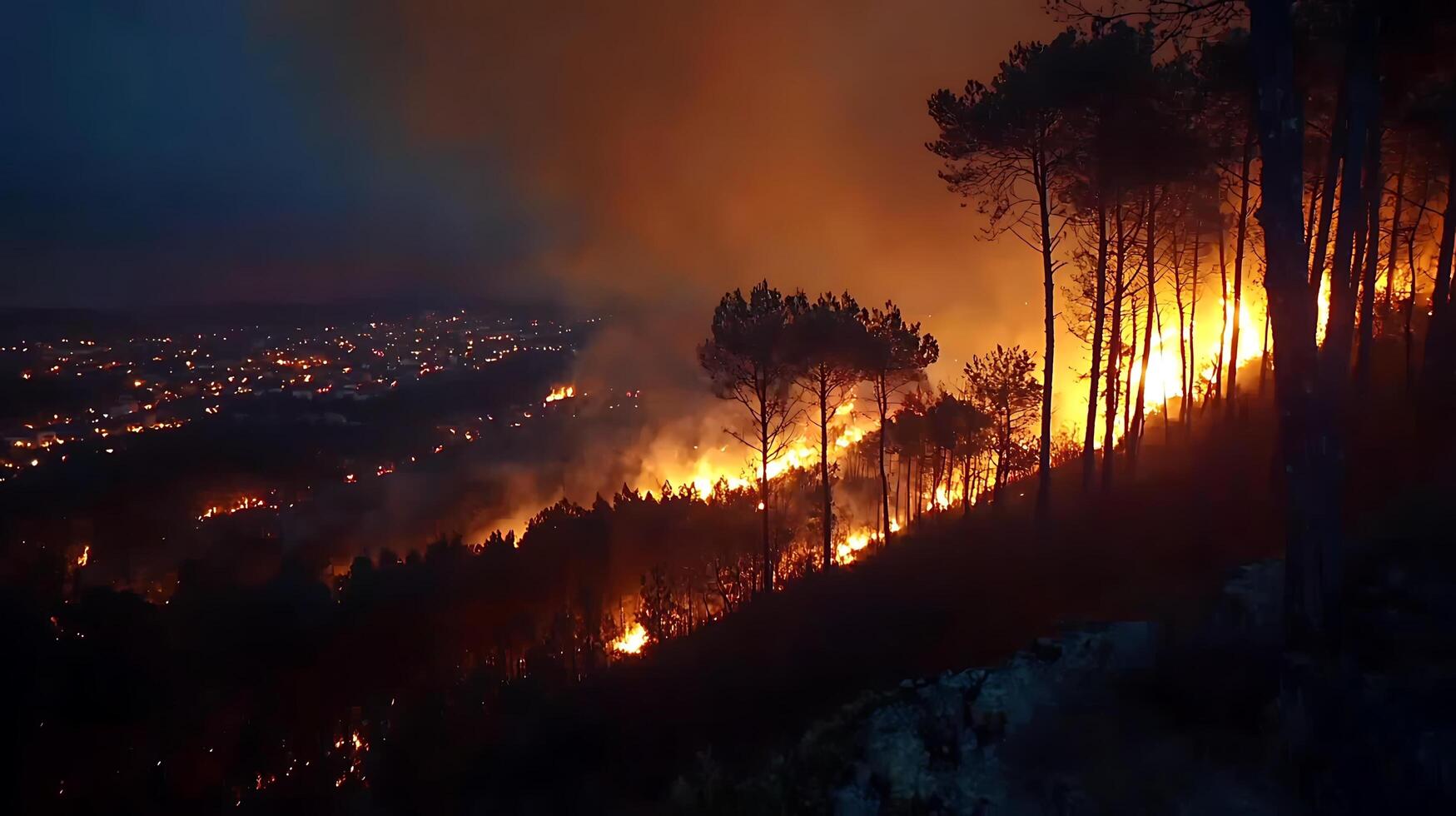 Forest Fire Overlooking a City at Night, Engulfing Trees and Spreading Smoke. photo