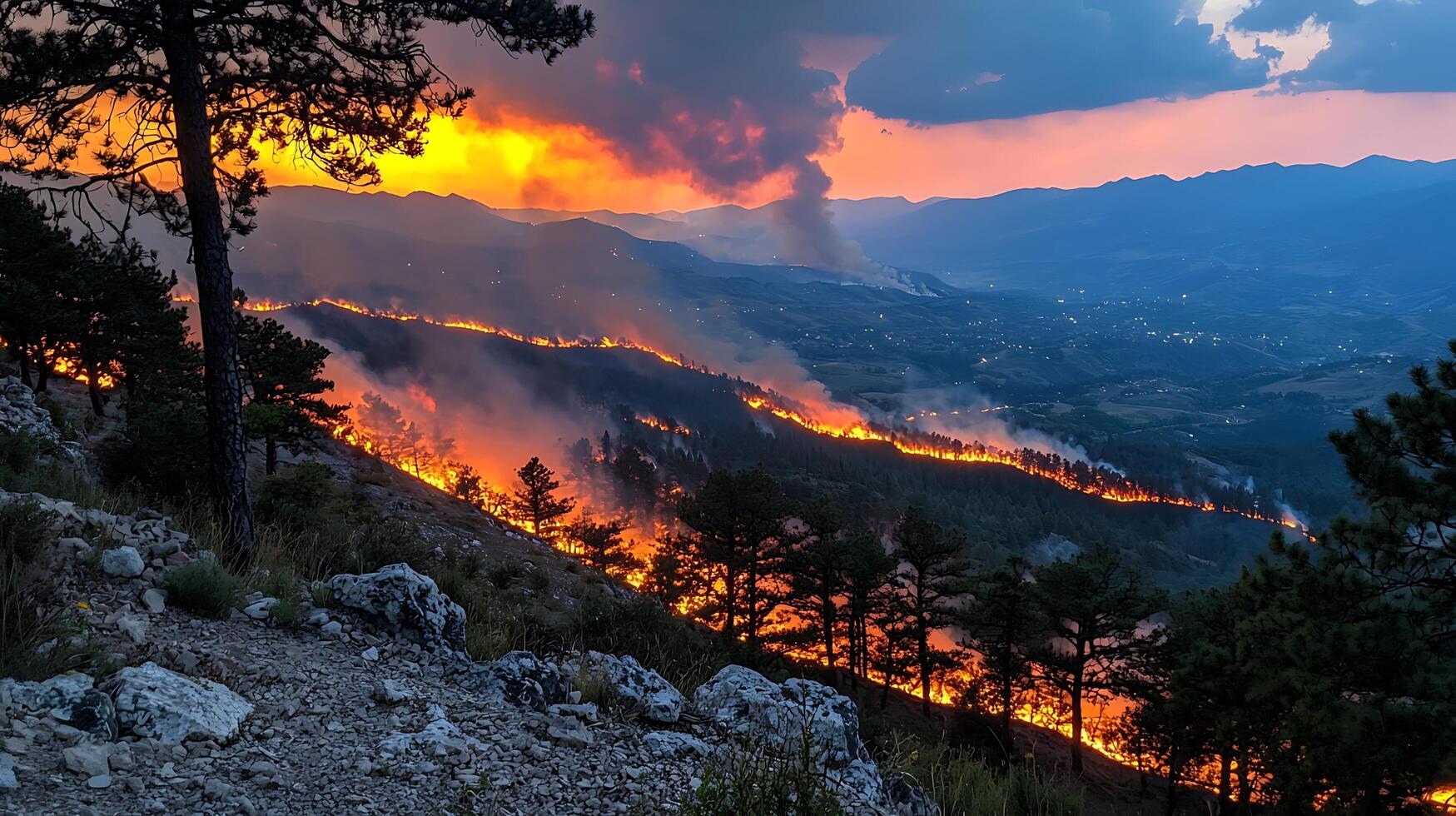 Mountain wildfire rages during a dramatic sunset, illuminating the sky with fiery colors. The inferno spreads across the landscape, creating a powerful and concerning natural disaster scene. photo