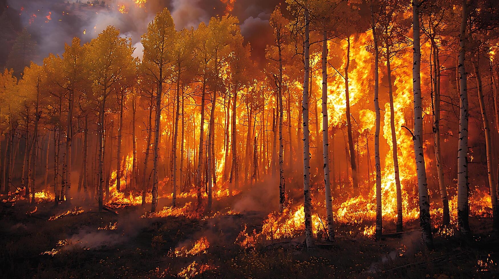 Forest fire engulfs a grove of birch trees in a blaze of destruction and smoke. photo