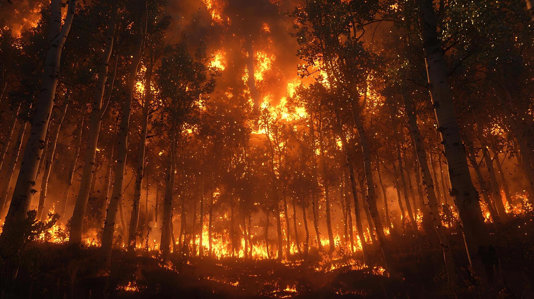 Forest ablaze with intense wildfire, casting an ominous glow through the trees. This dramatic scene captures the destructive power of fire consuming a woodland landscape. photo