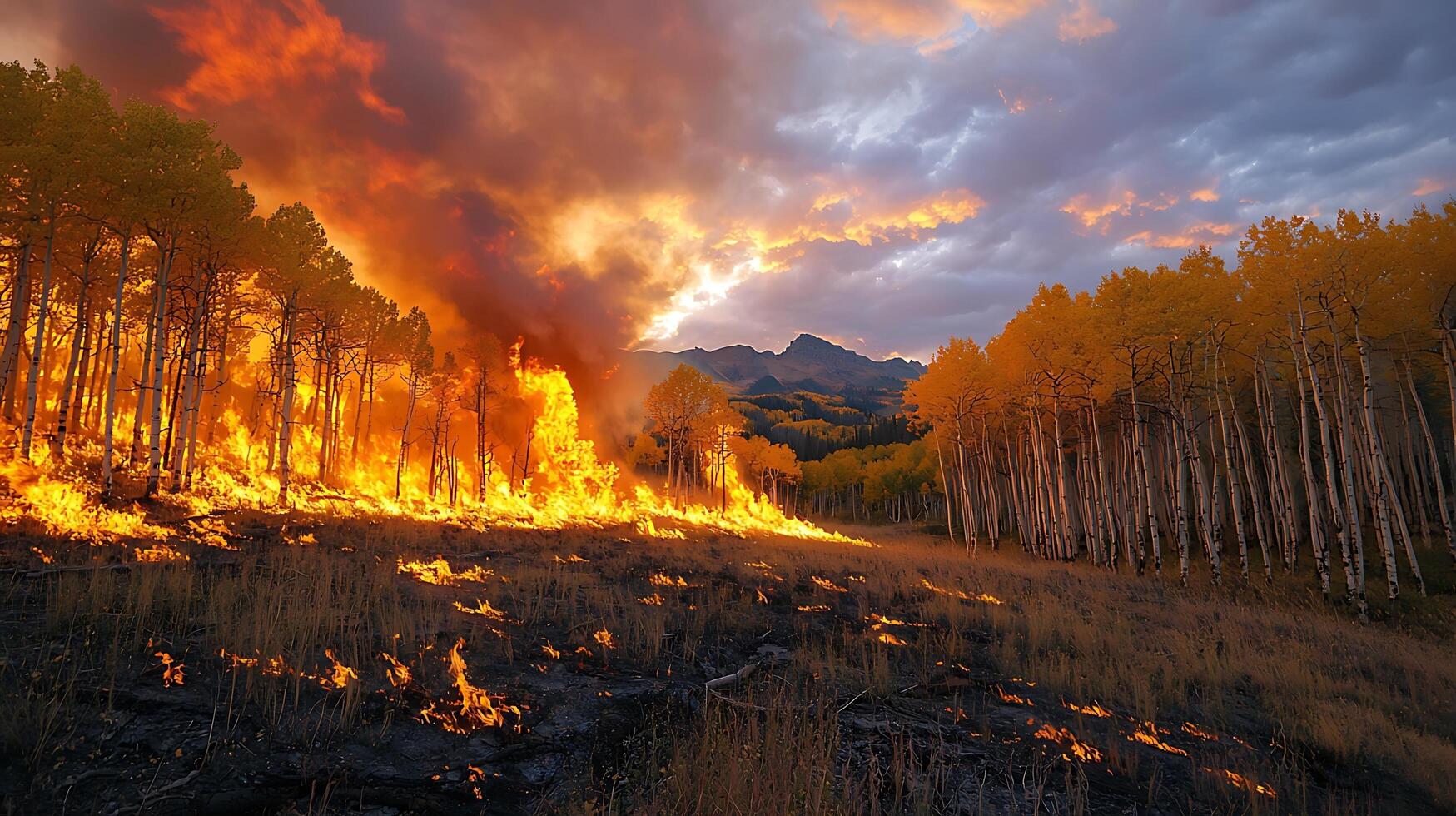 Dramatic wildfire engulfs autumn aspen forest at sunset. Intense flames spread through dry grass and trees under a fiery sky, highlighting nature's destructive power. photo
