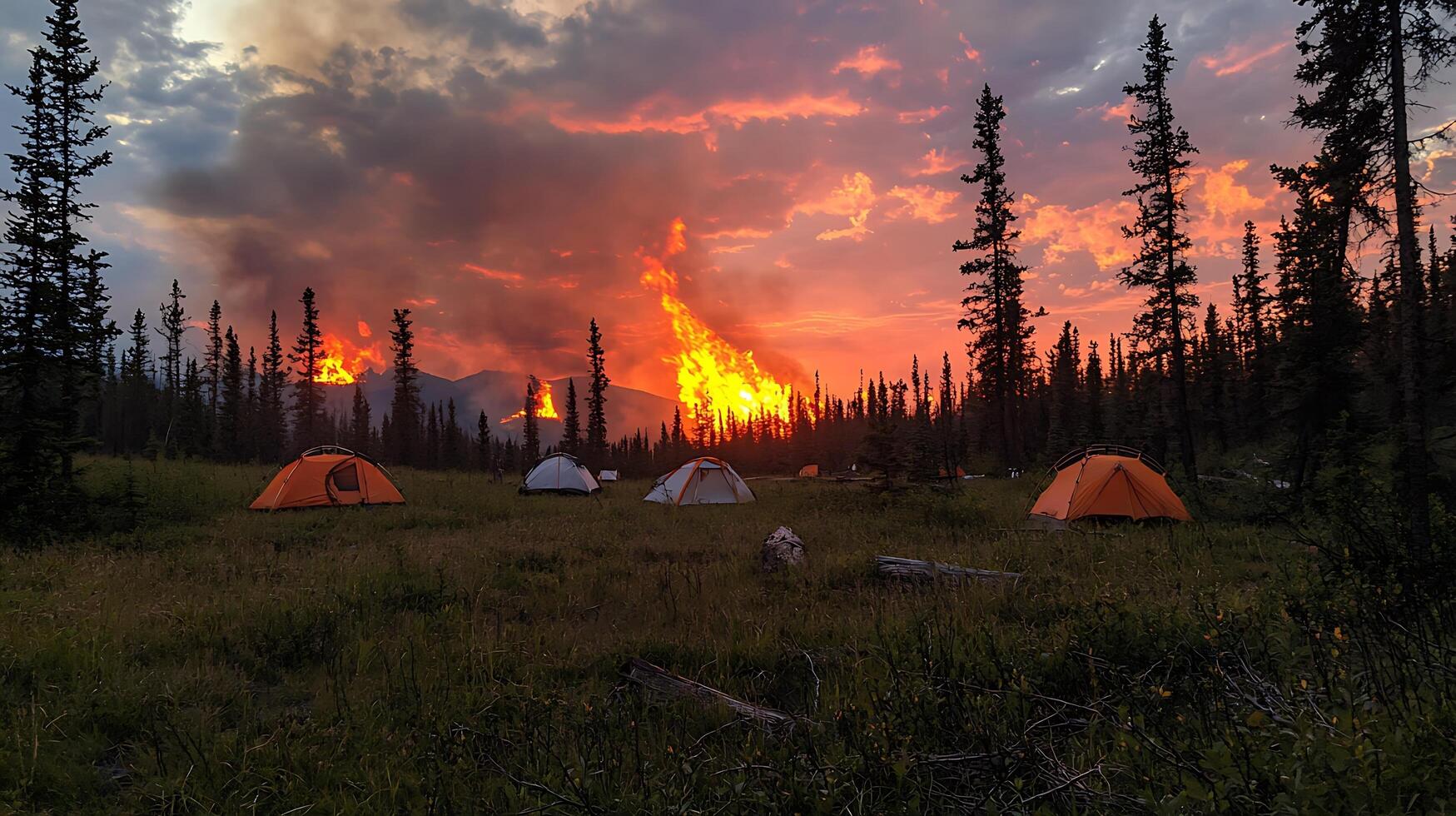 Campers face a wildfire at sunset with dramatic burning sky. photo