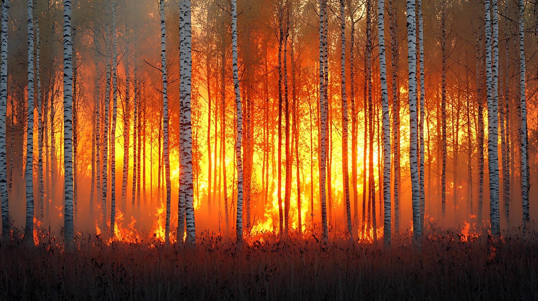 Fiery Forest Blaze Through Birch Trees. photo