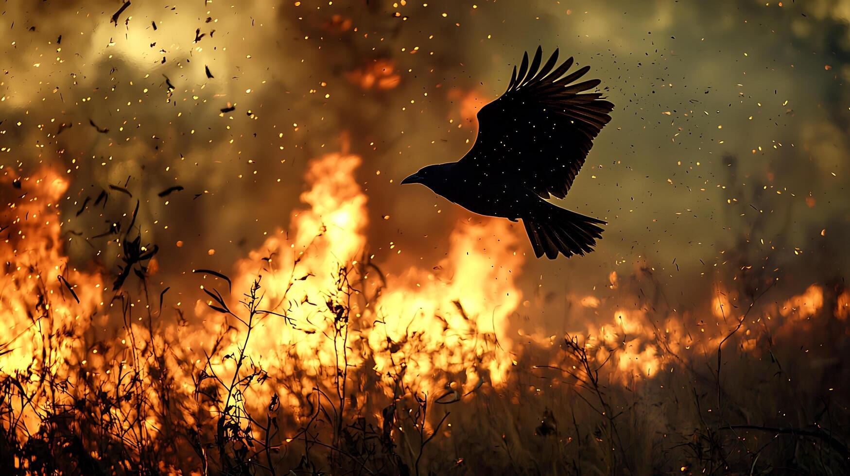 Silhouette of a bird soaring through a fiery inferno of smoke and embers. photo
