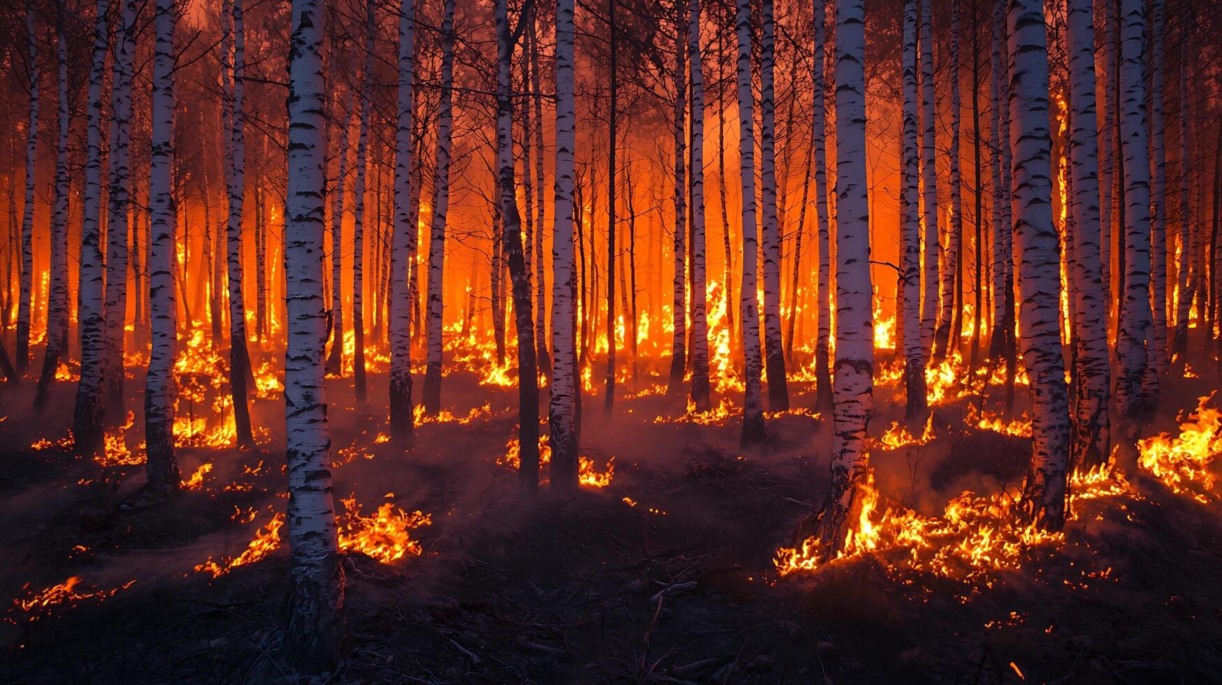 Birch forest engulfed in flames with a dramatic orange glow. This image captures the intense beauty and destructive power of a forest fire. photo