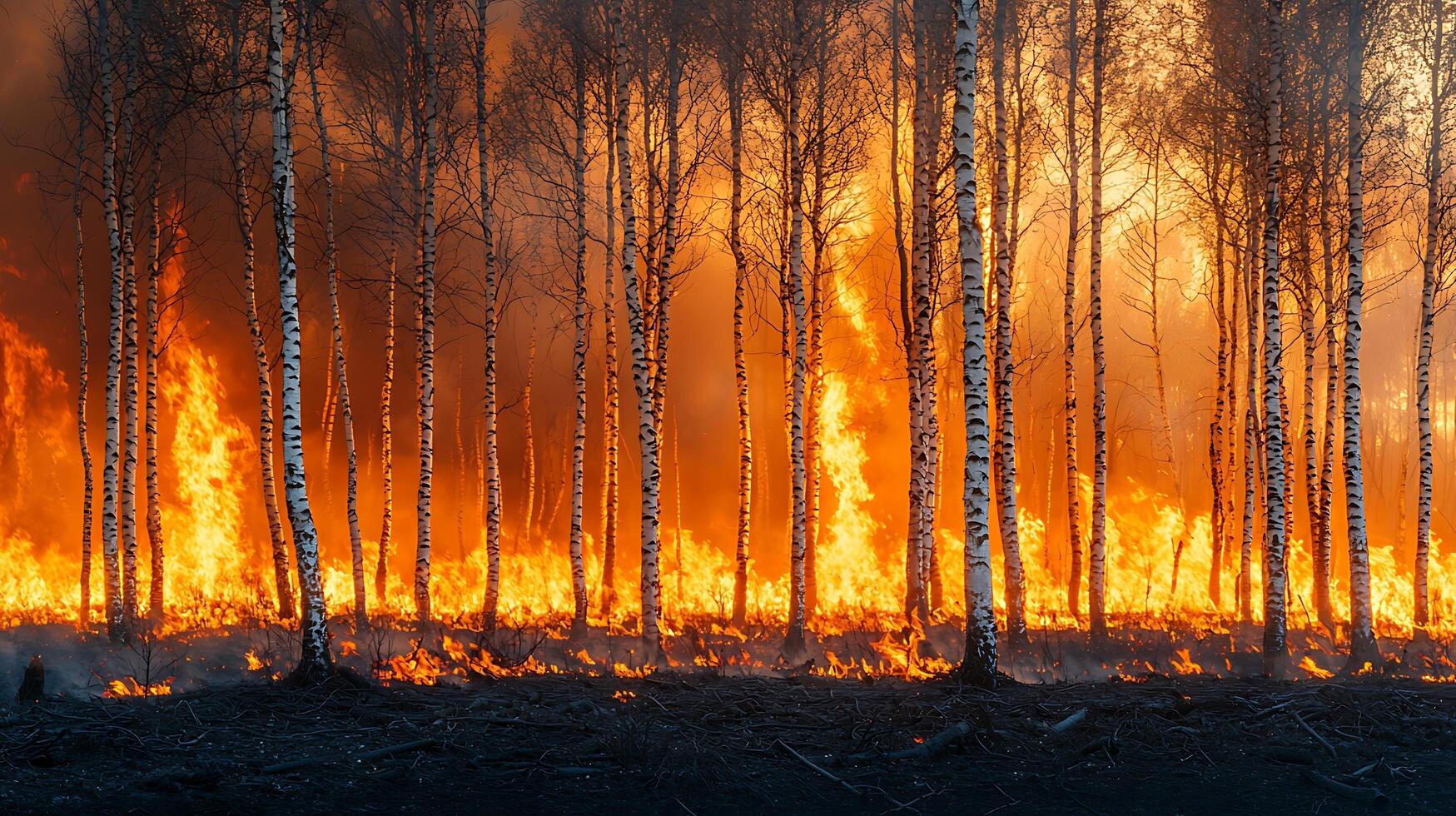 Inferno engulfs birch forest, painting the sky with flames and smoke. This dramatic scene captures the destructive power of wildfire against the stark beauty of leafless trees. photo