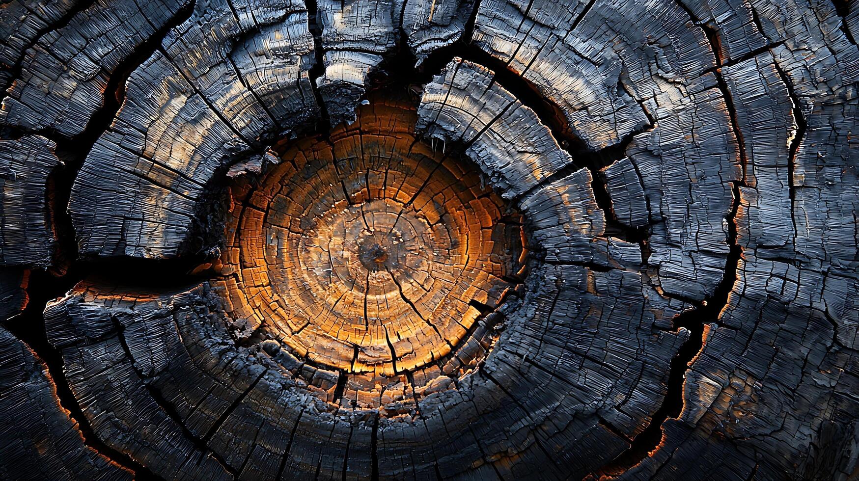 Close up of charred wood showing intricate grain patterns and glowing embers. This image captures the textural contrast between burnt and unburnt wood, illuminated by an inner warmth. photo
