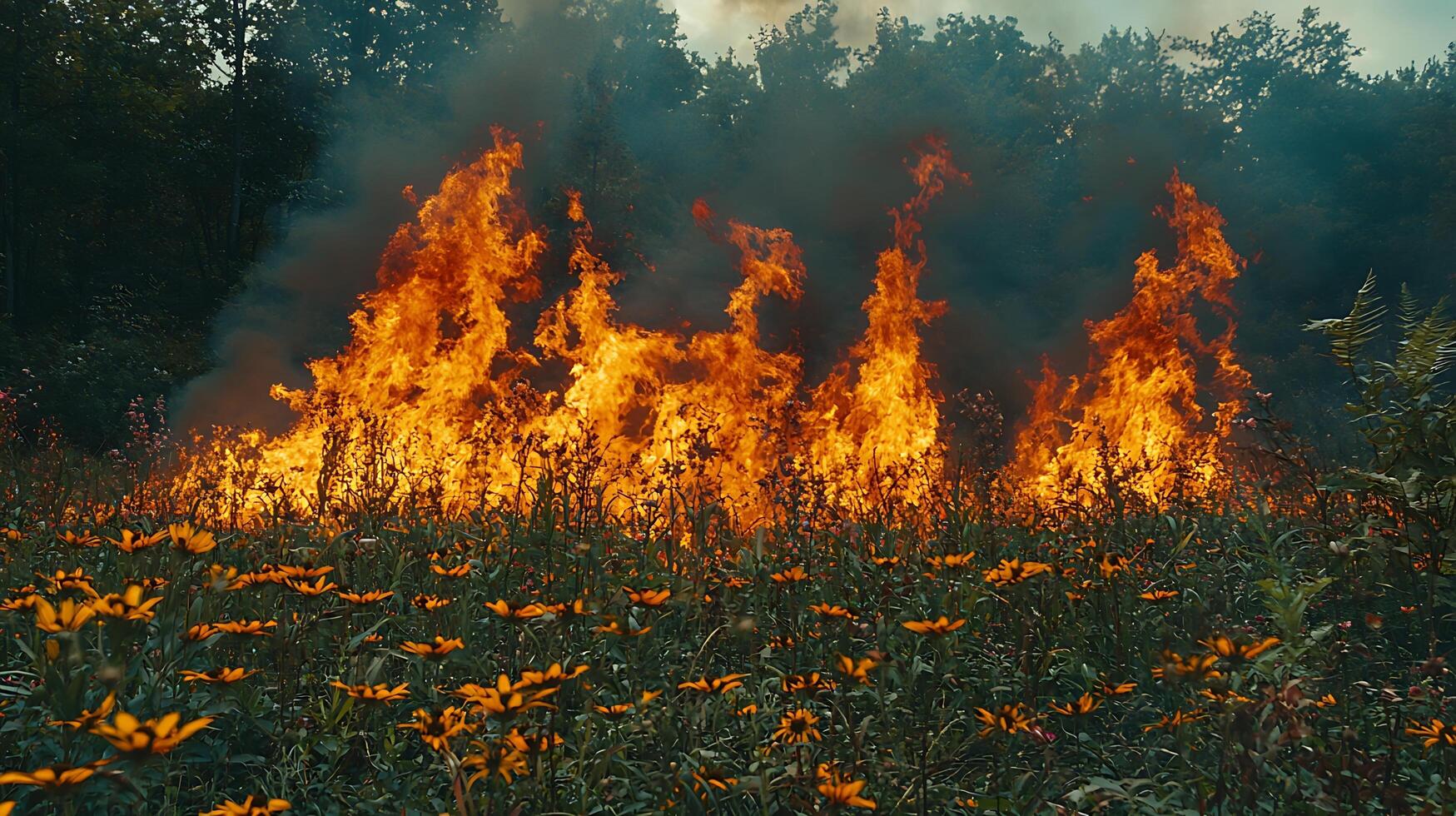 A controlled grassland fire burns with vibrant orange flames against a backdrop of trees and smoke. The foreground features a field of yellow wildflowers, partially engulfed by the blaze. photo