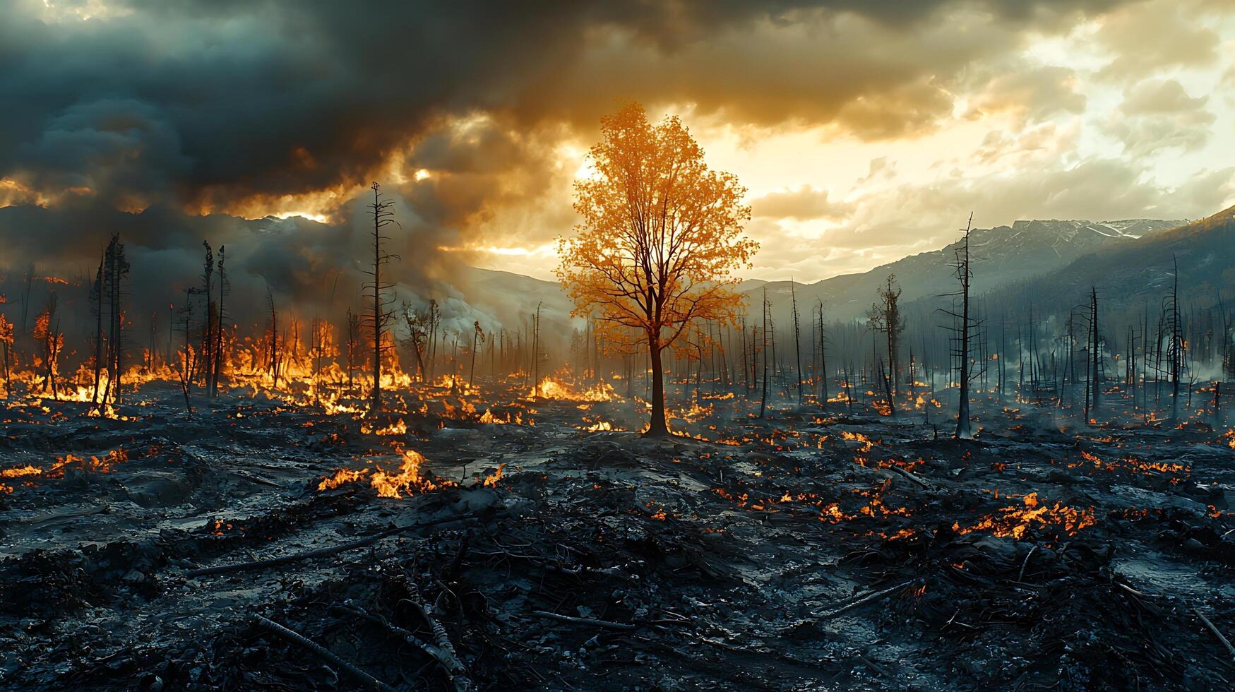 A lone tree stands amidst a blazing wildfire with a dramatic sky. photo