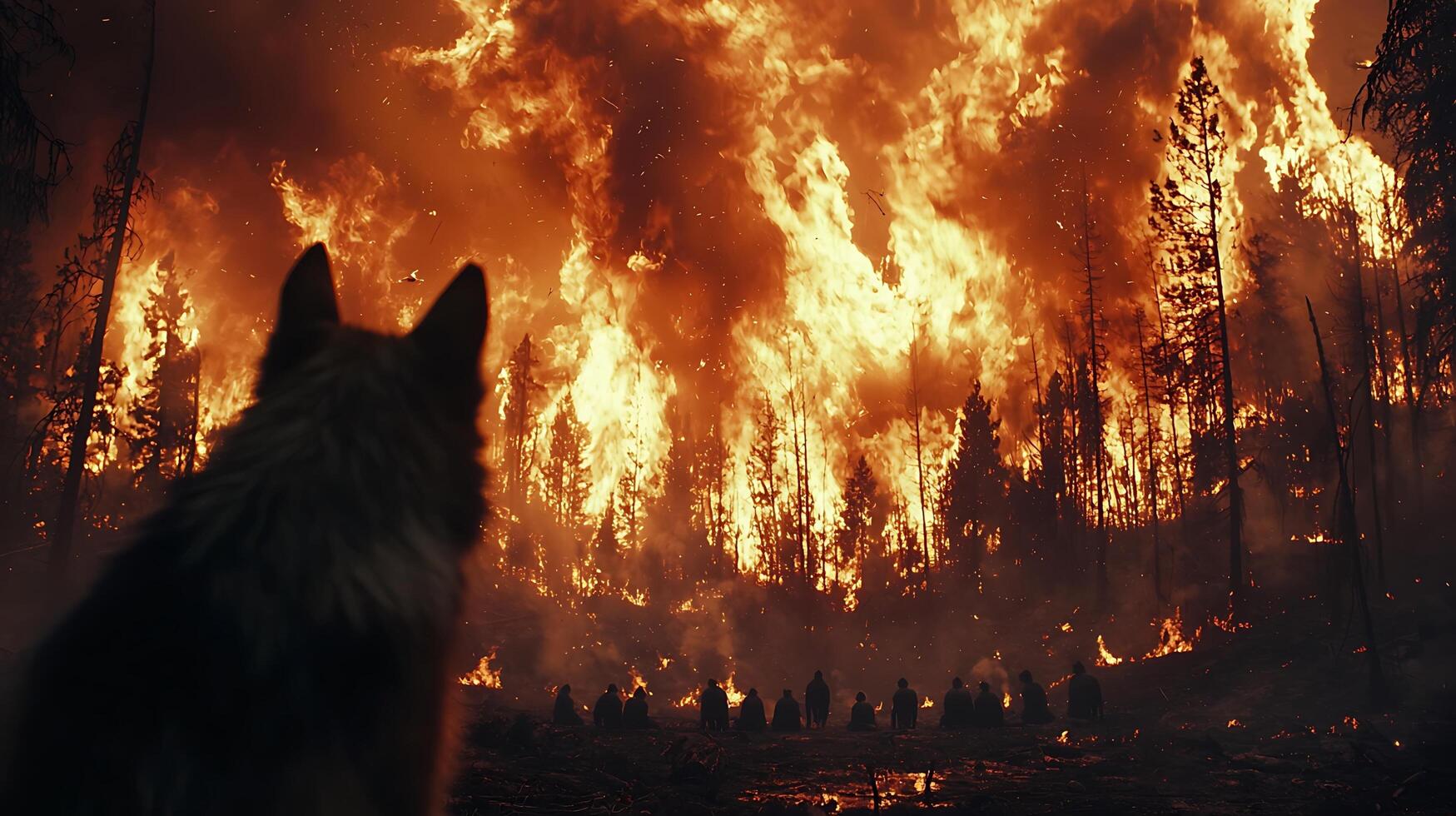 A lone wolf watches a forest fire engulf the trees, with silhouettes of people observing the scene. photo