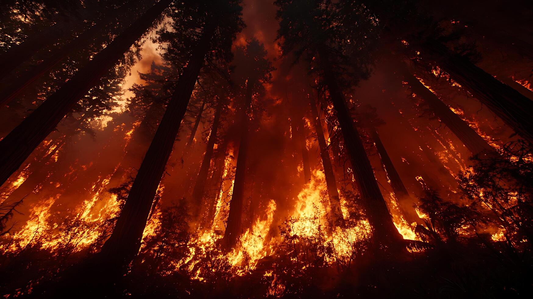 A forest ablaze with intense wildfire flames, viewed from below looking up through the burning trees. photo